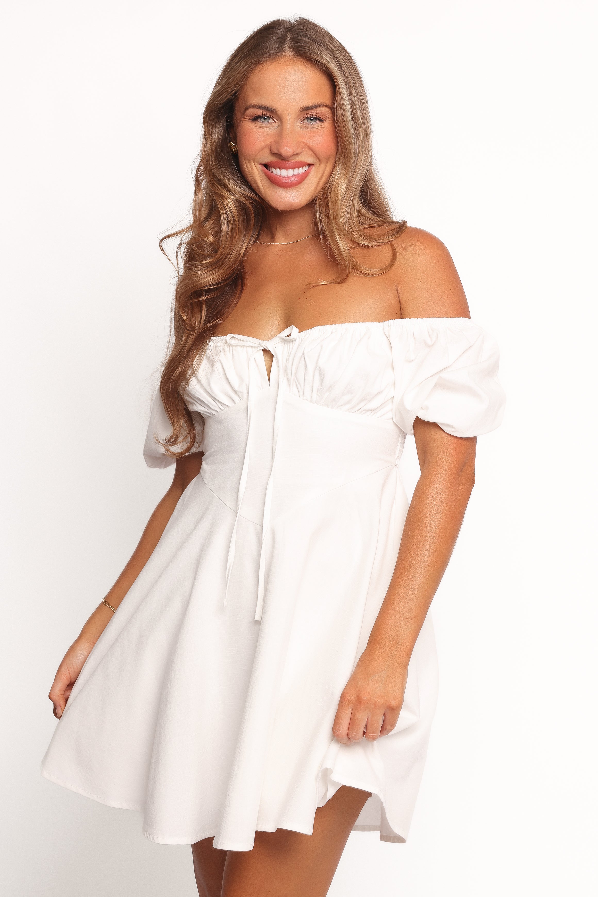 Eliska White Mini Dress with Puff Sleeves & Square Neckline