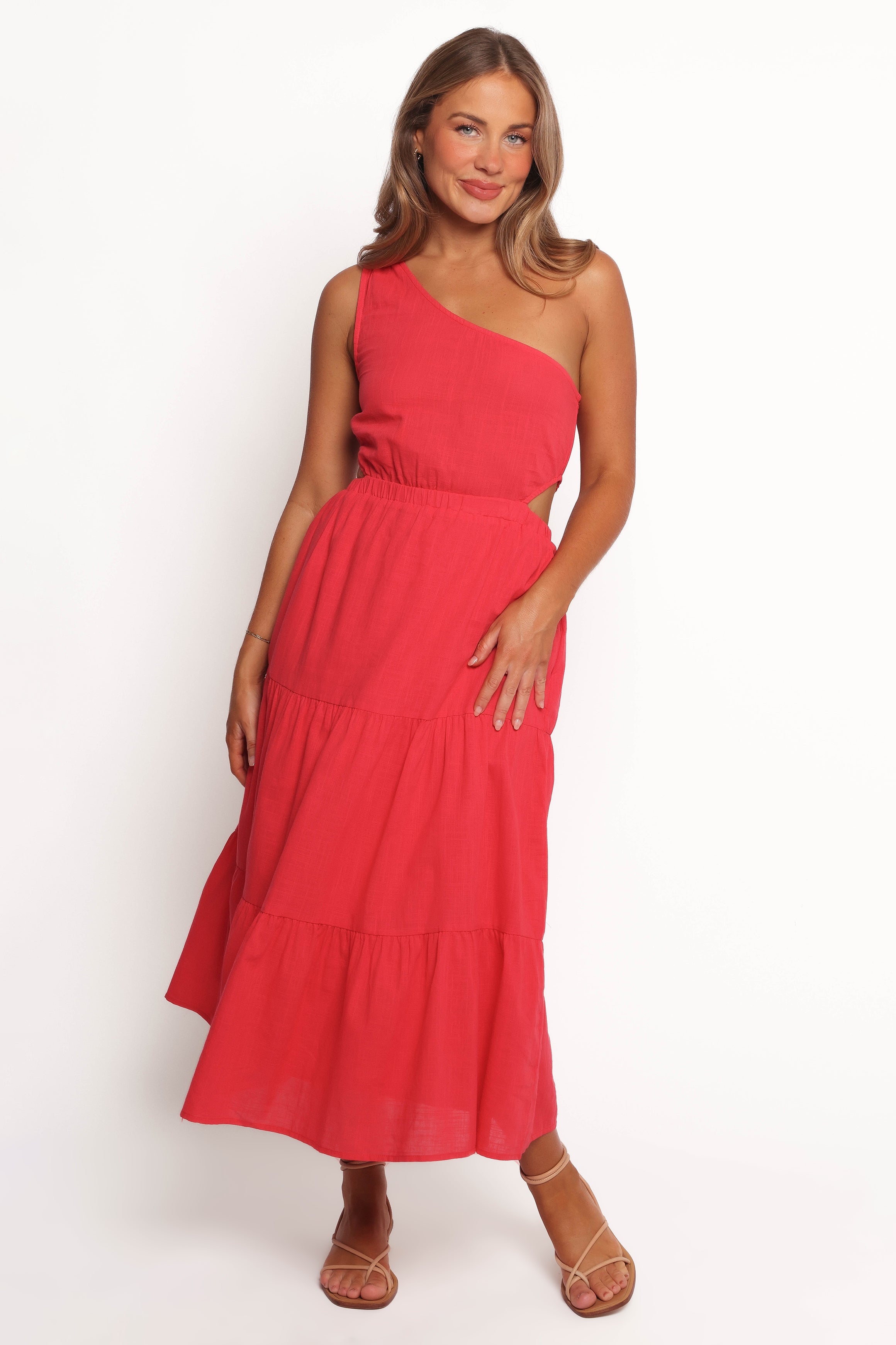 Teresa Red One Shoulder Midi Dress with Side Cut Outs & Pockets