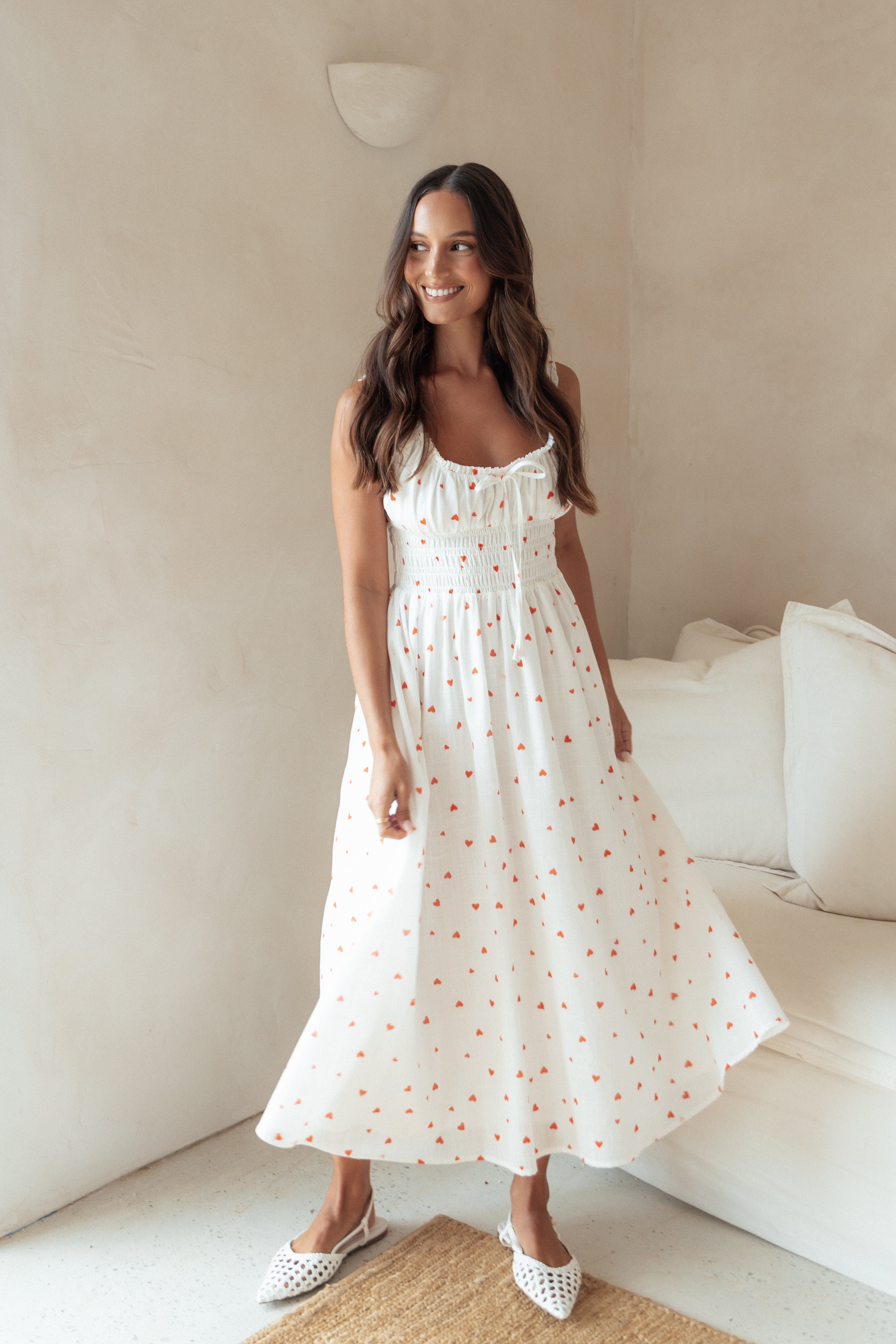 Auguste Cotton Midi Dress with Heart Print & Pockets