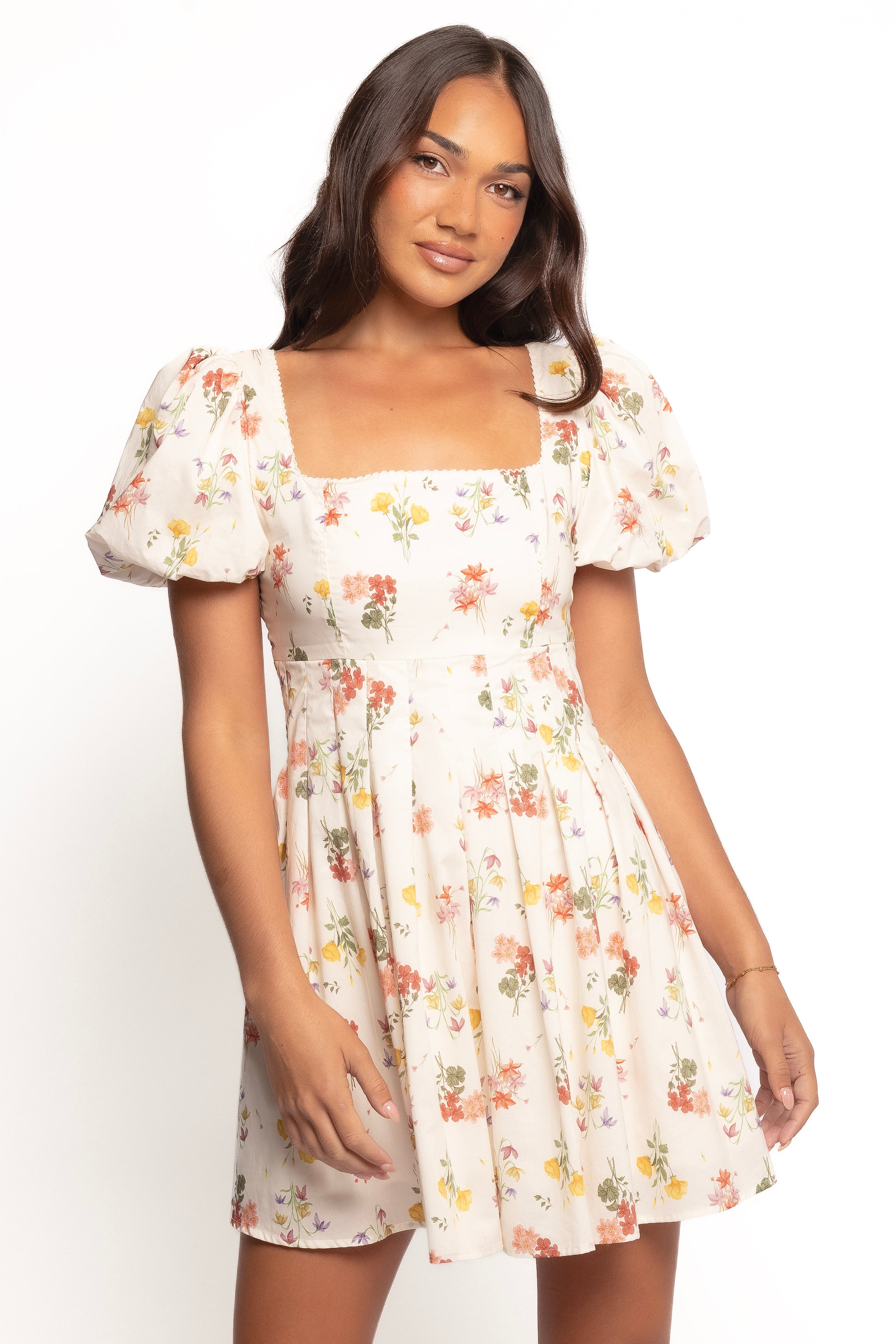 Cream Cascais Mini Dress with Puff Sleeves & Floral Print