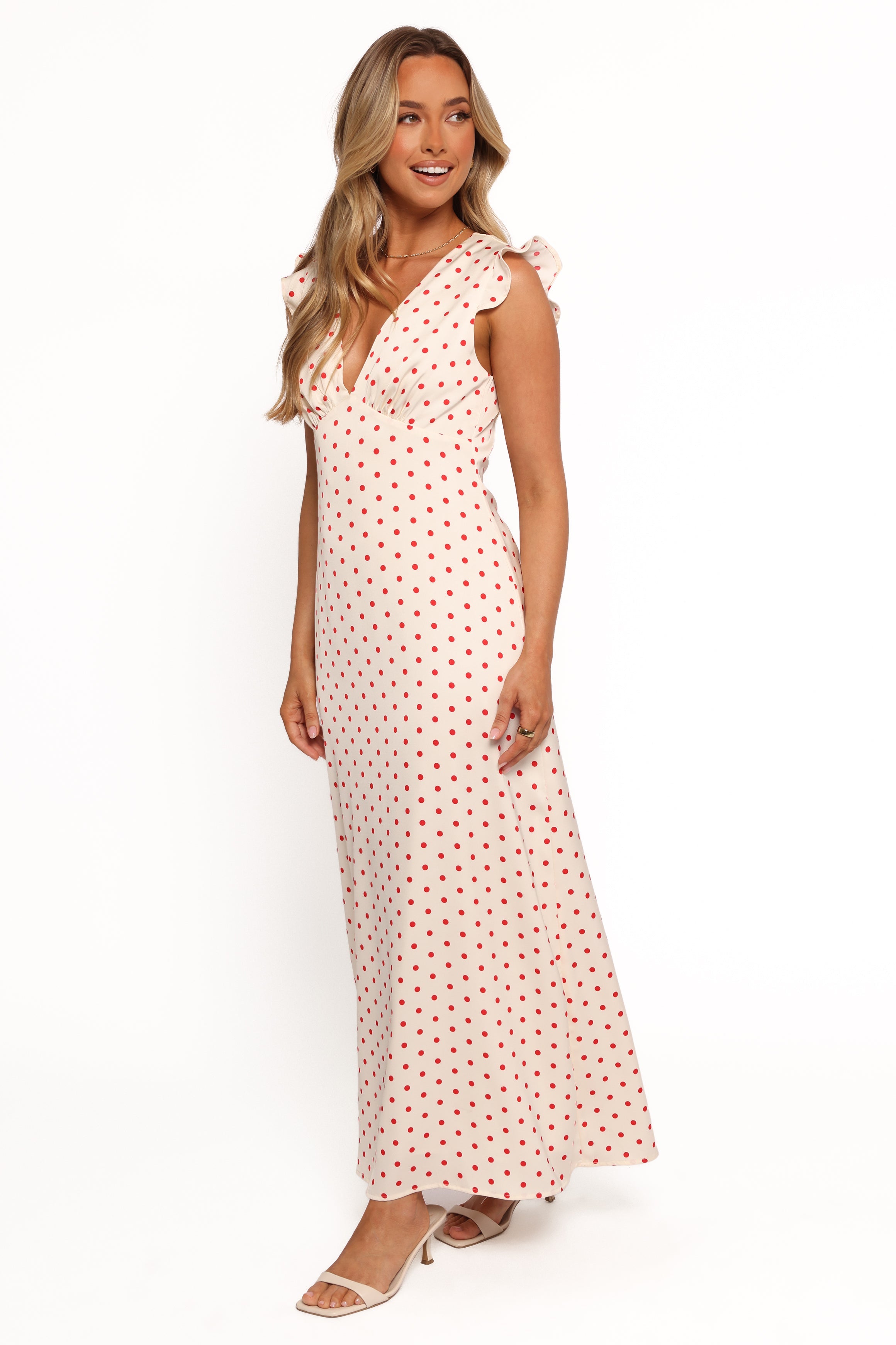 Bette Red Polka Dot Midi Dress with V-Neck & Frill Details