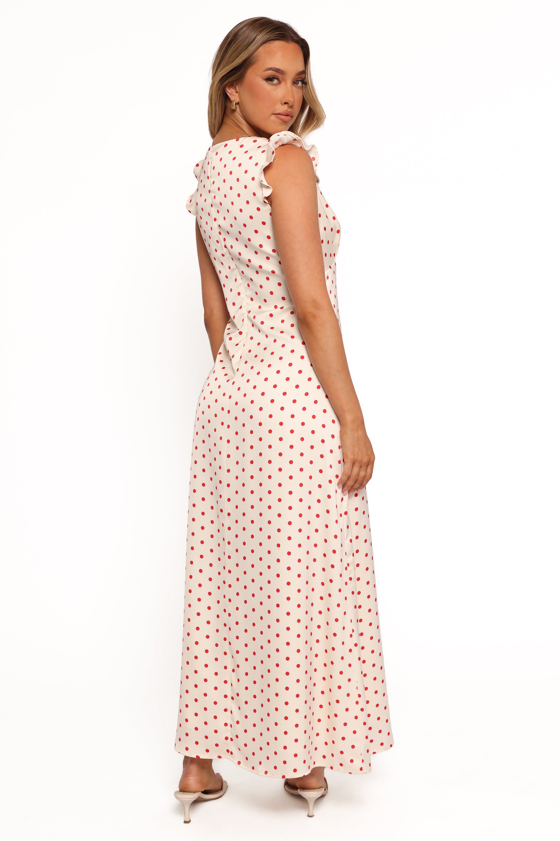 Bette Red Polka Dot Midi Dress with V-Neck & Frill Details