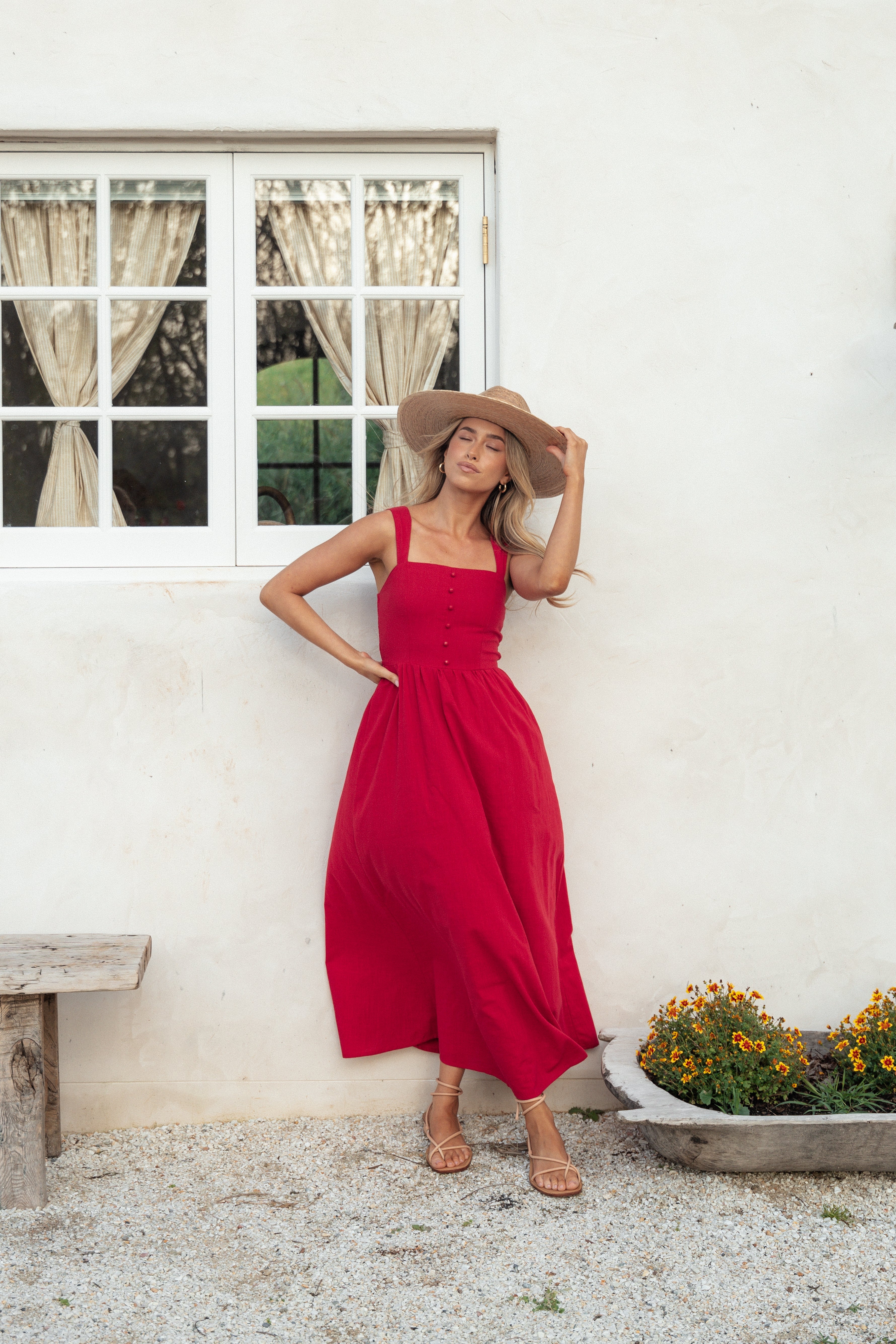Red Cotton Caty Maxi Dress with Square Neckline & Shirred Back