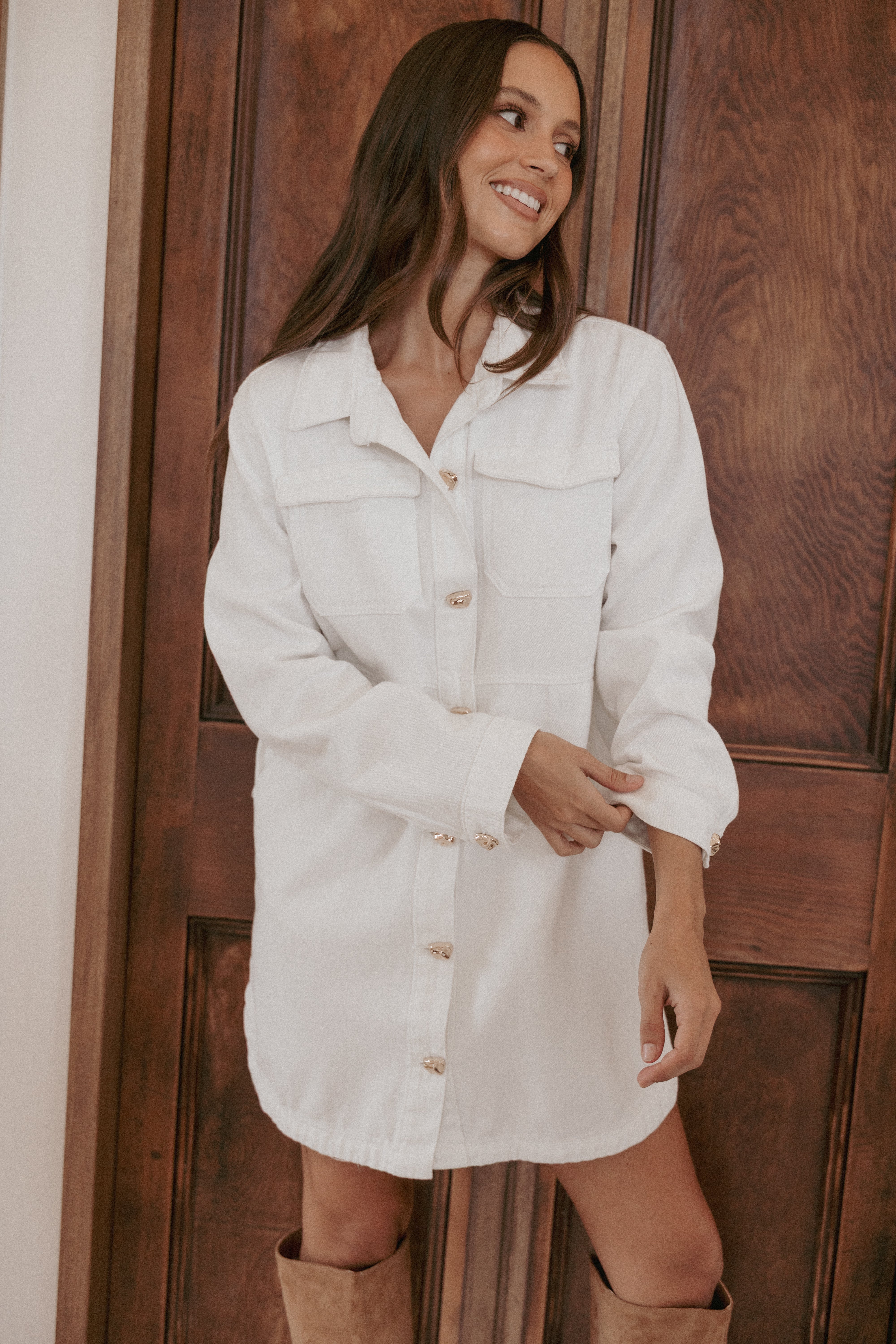 White Denim Mini Dress by Turner | Spread Collar & Long Sleeves