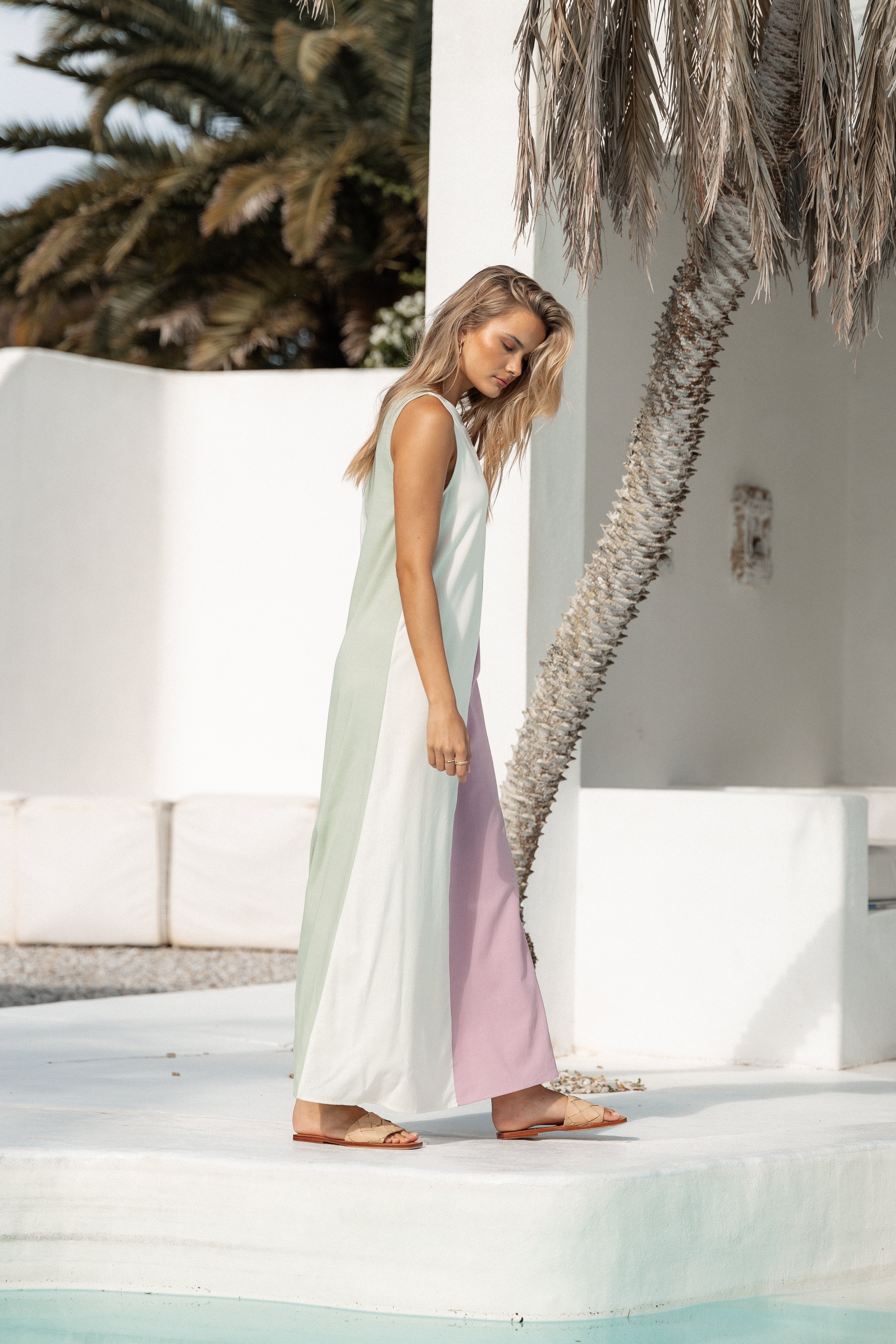 Lindi Color Block Maxi Dress - Sleeveless Cotton Blend