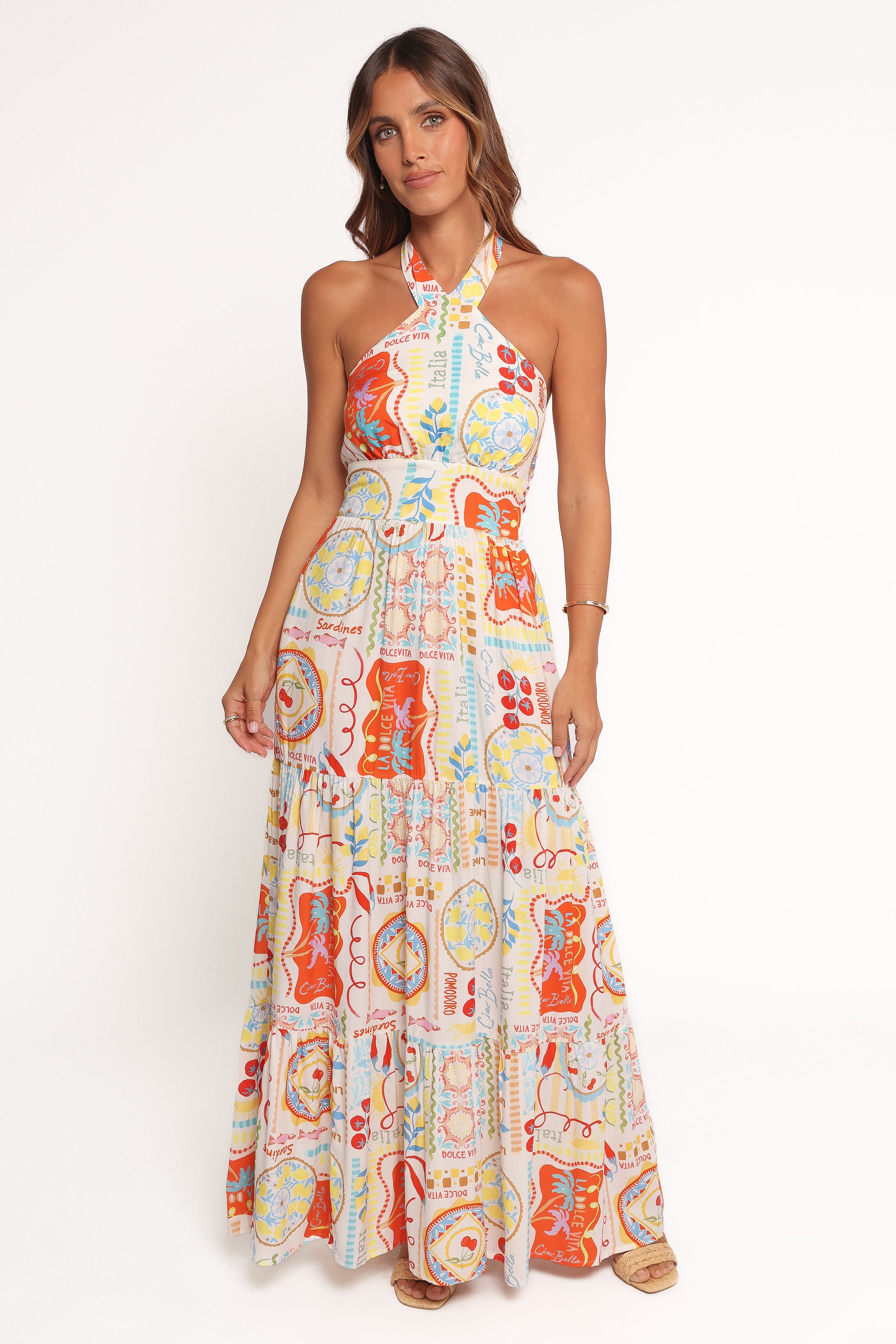 Jelena Tropical Print Halter Neck Maxi Dress with Pockets