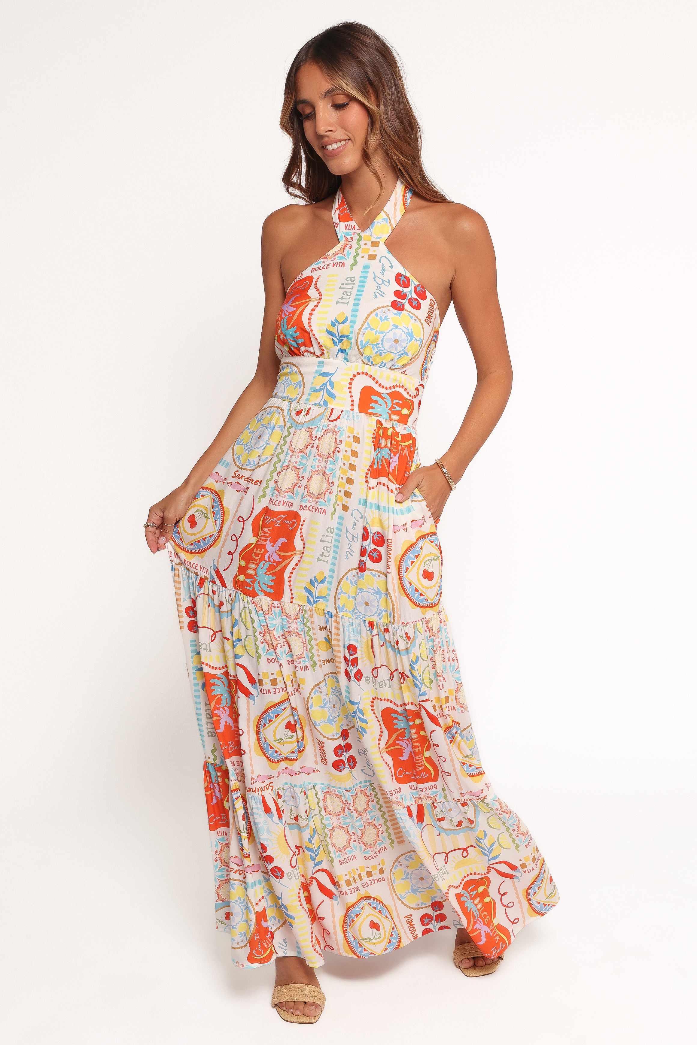Jelena Tropical Print Halter Neck Maxi Dress with Pockets