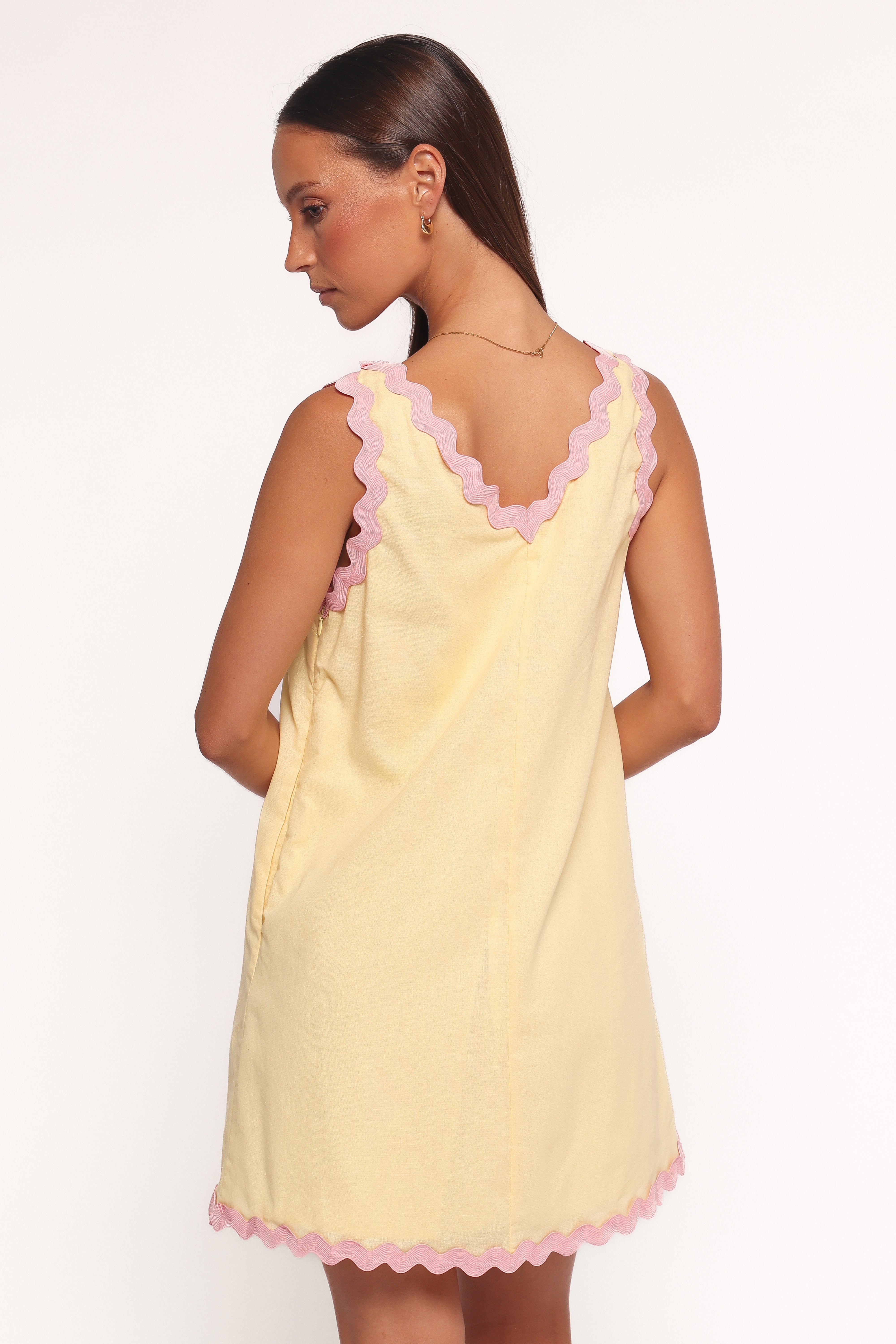 Calliope Mini Dress - Yellow Pink Floral V-Neck with Pockets