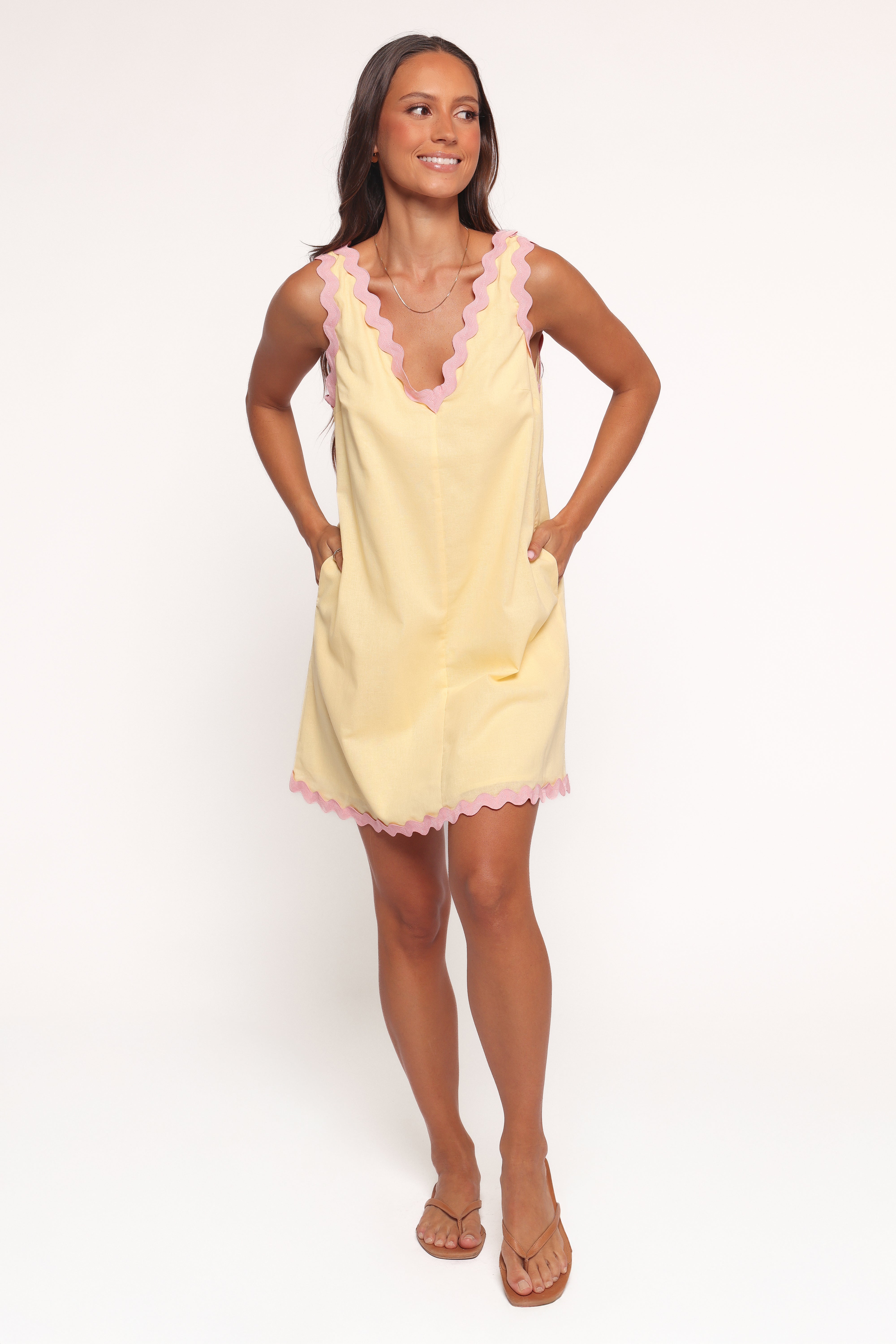 Calliope Mini Dress - Yellow Pink Floral V-Neck with Pockets