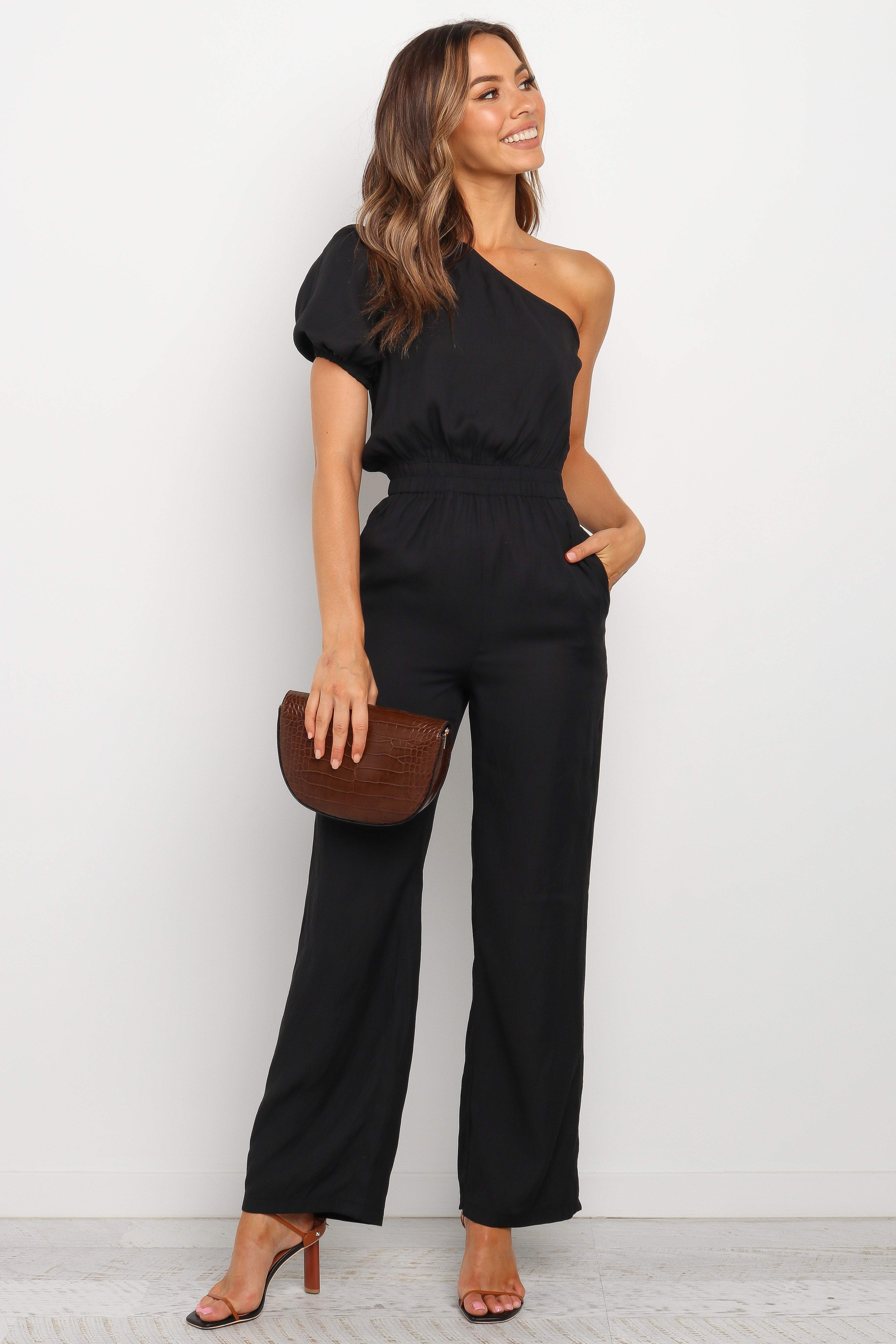 Black One-Shoulder Jumpsuit with Side Pockets - Lancey