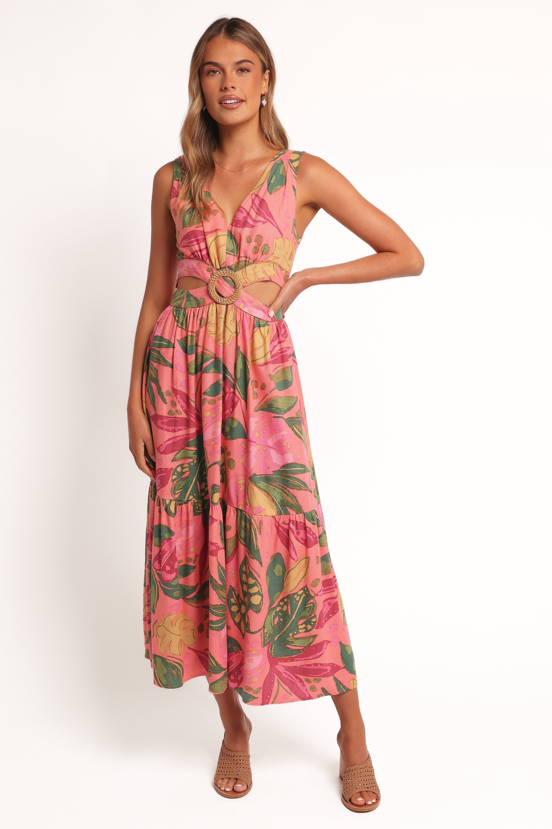 Tropical Print V-Neck Midi Dress with Side Cut-Out - Pink Rio