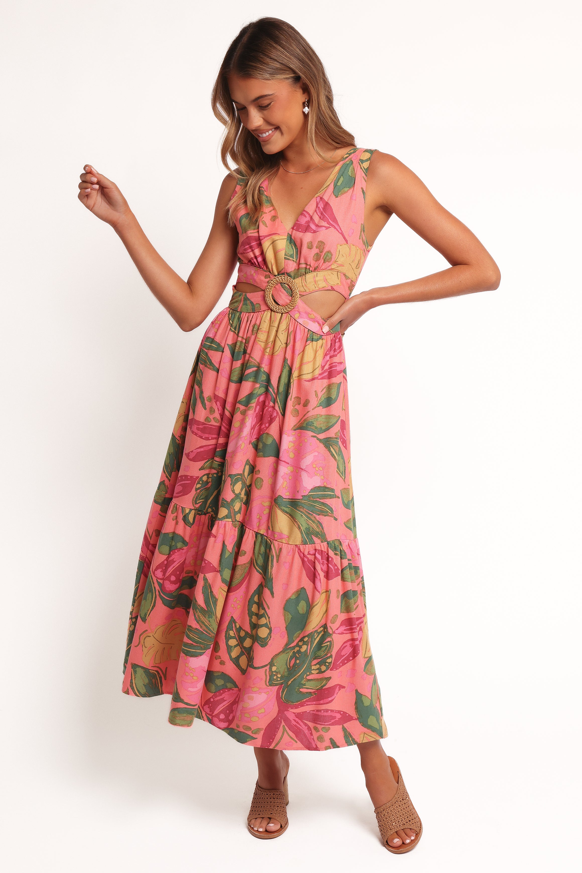 Tropical Print V-Neck Midi Dress with Side Cut-Out - Pink Rio
