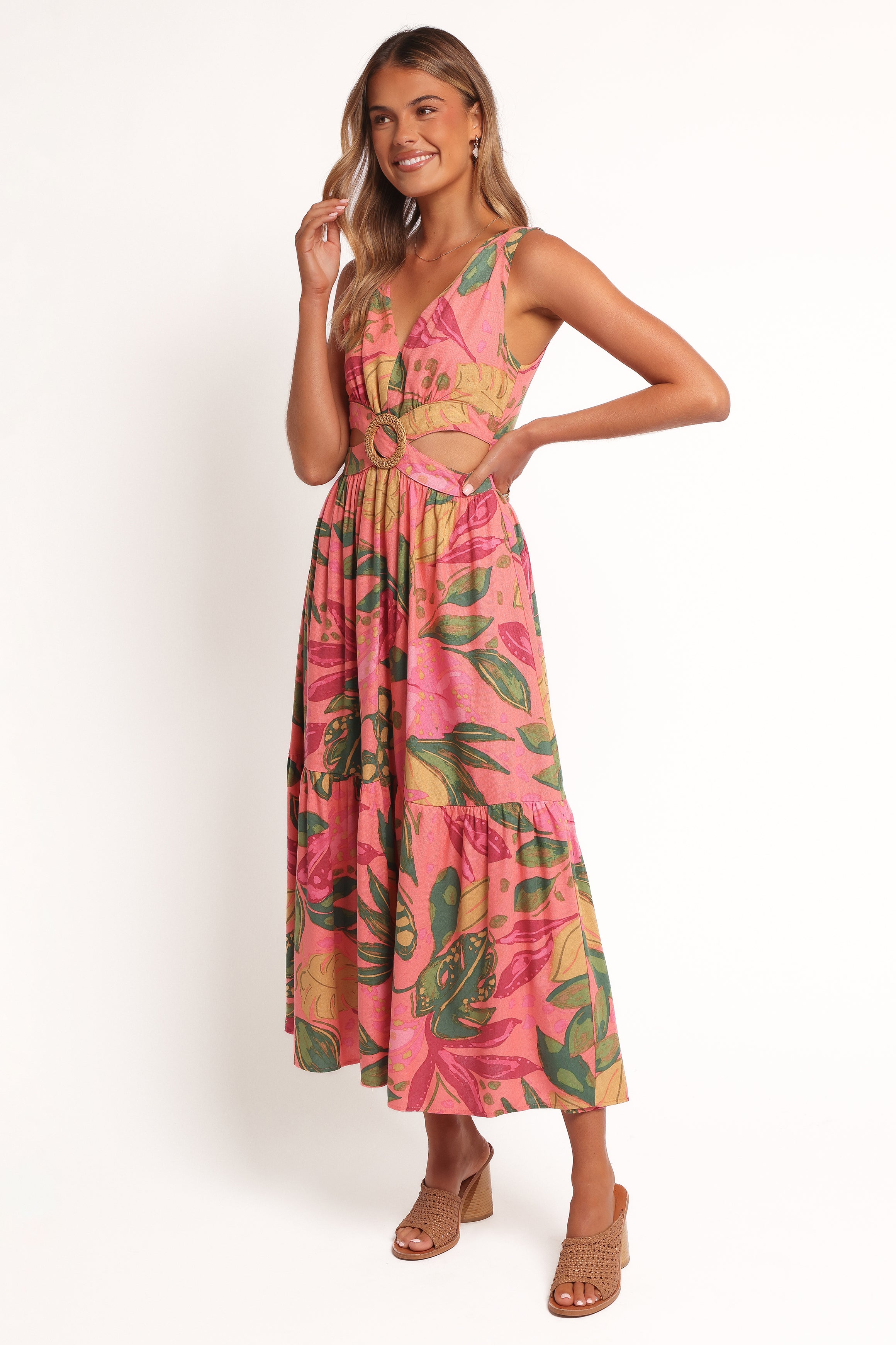 Tropical Print V-Neck Midi Dress with Side Cut-Out - Pink Rio