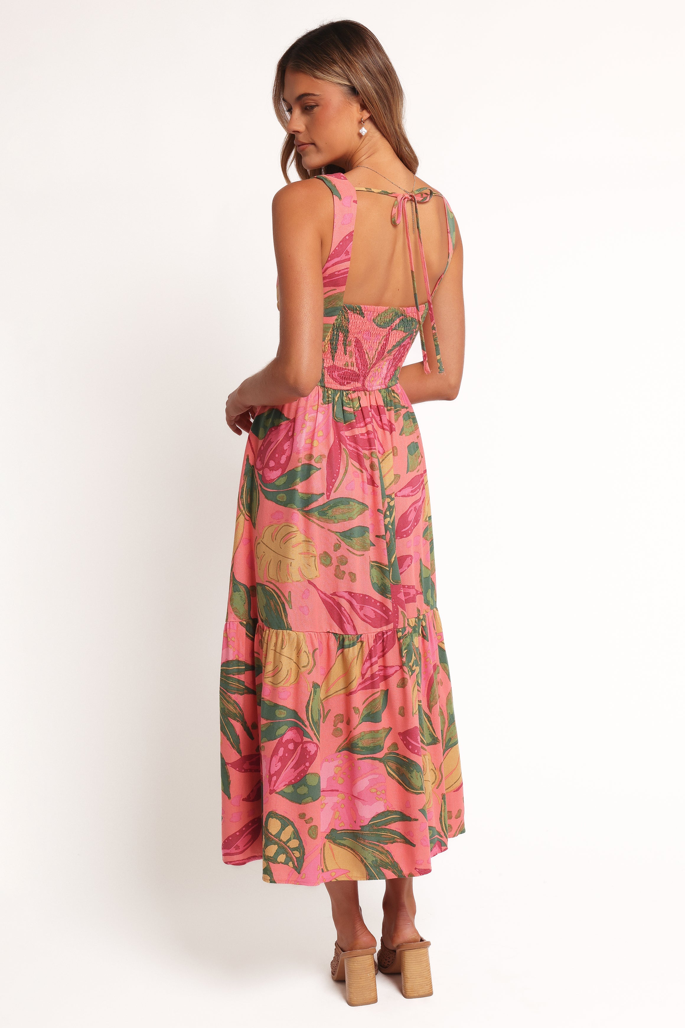 Tropical Print V-Neck Midi Dress with Side Cut-Out - Pink Rio