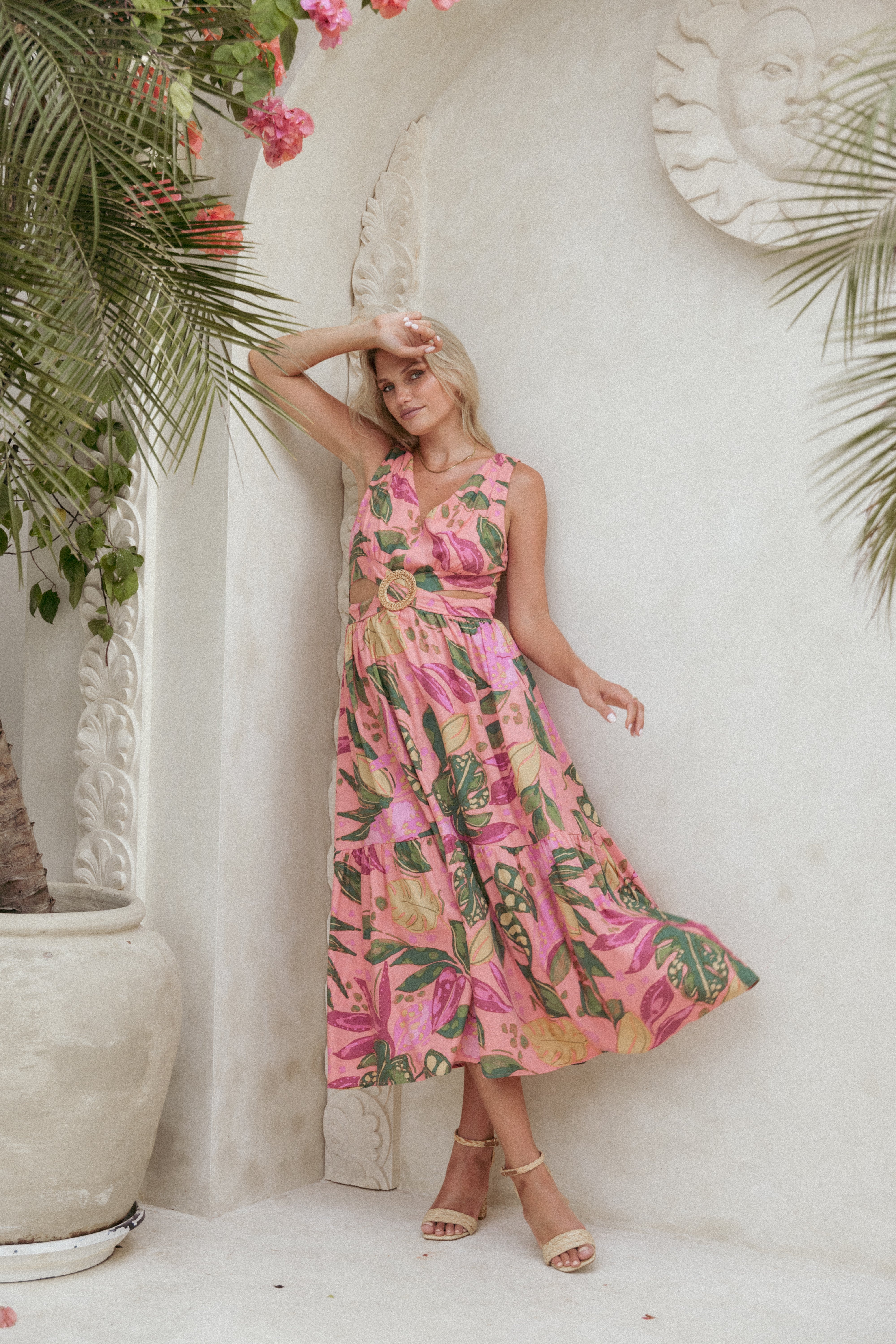 Tropical Print V-Neck Midi Dress with Side Cut-Out - Pink Rio