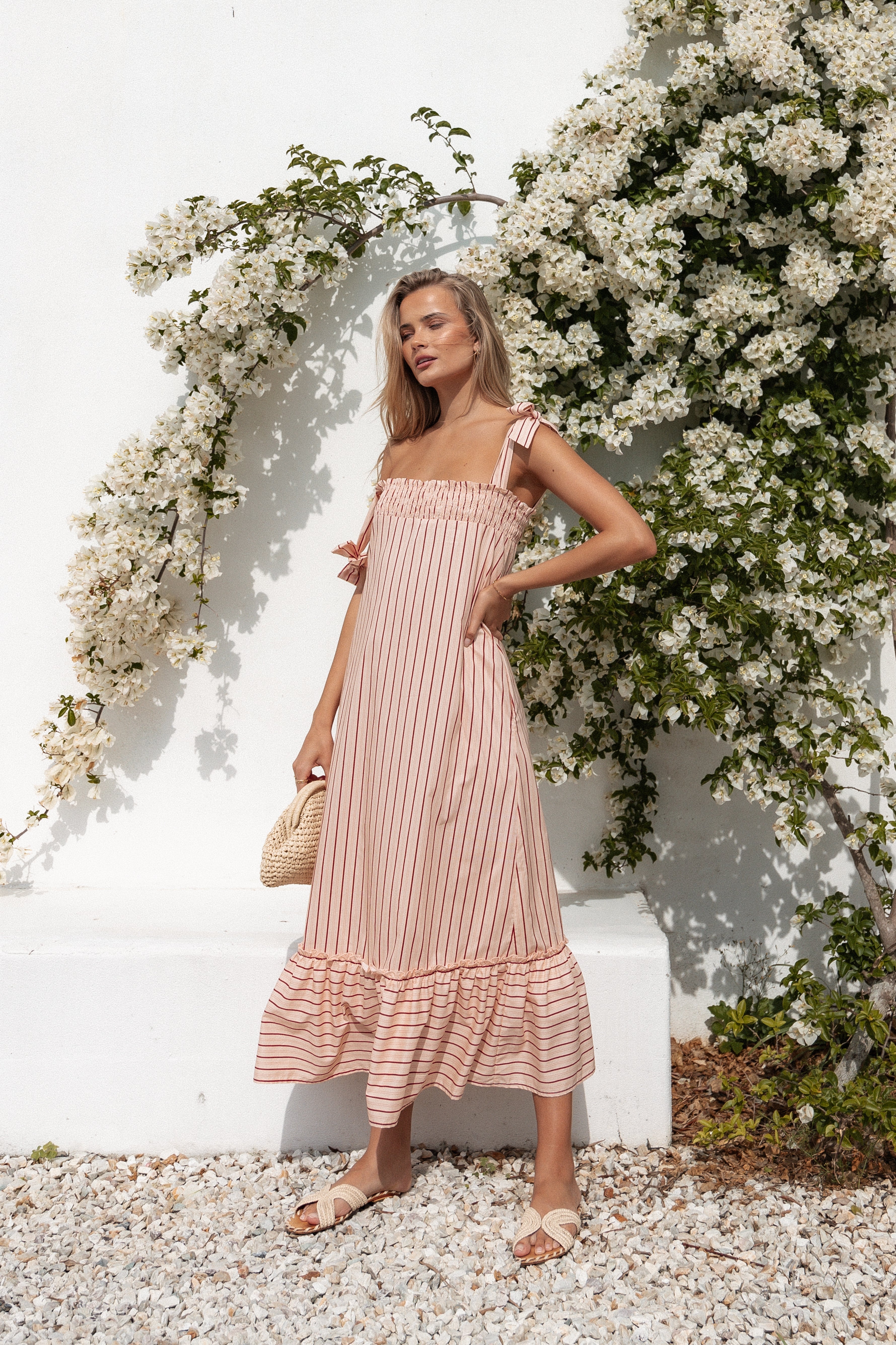 Irina Pink Stripe Cotton Maxi Dress with Pockets & Ruffle Hem