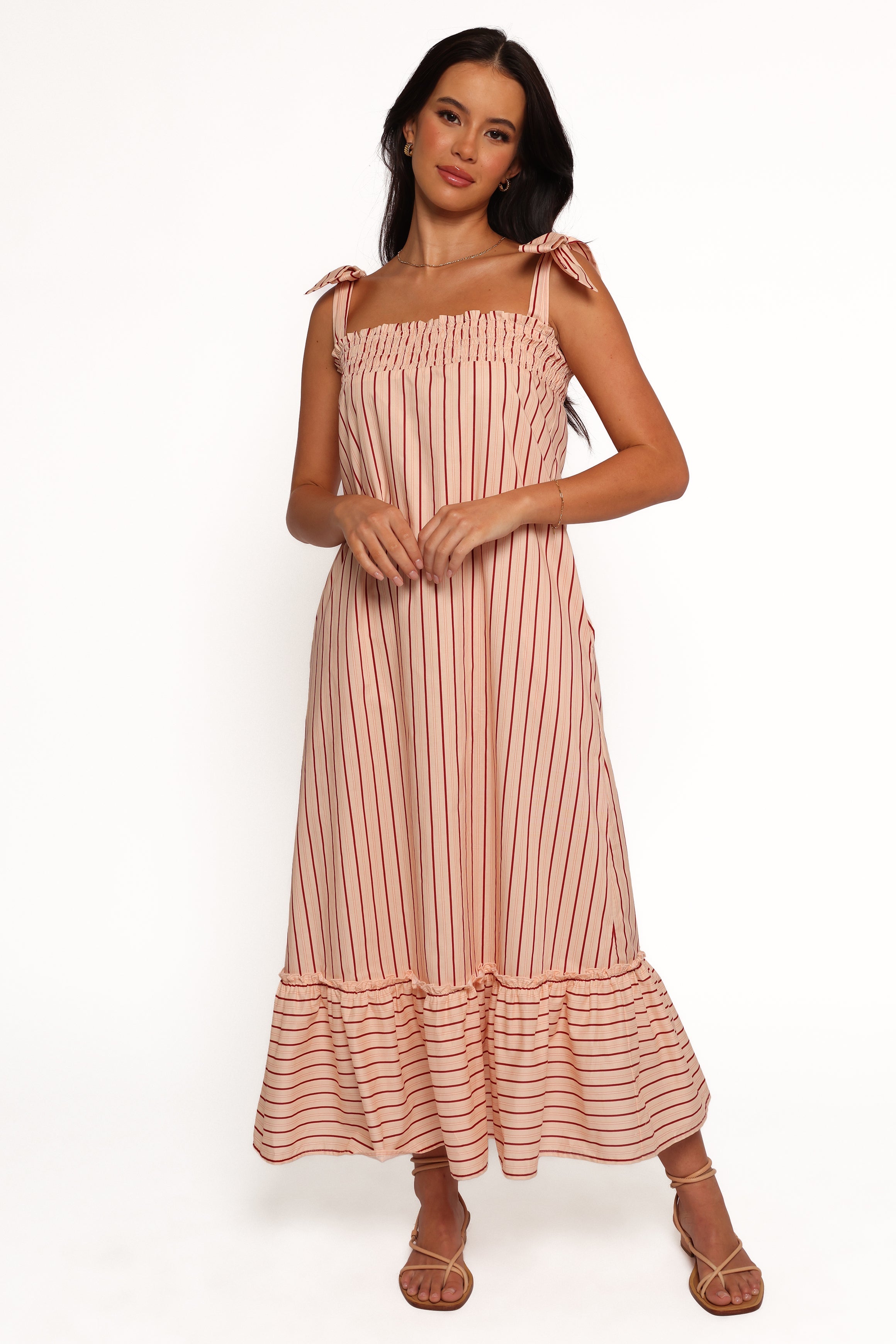 Irina Pink Stripe Cotton Maxi Dress with Pockets & Ruffle Hem