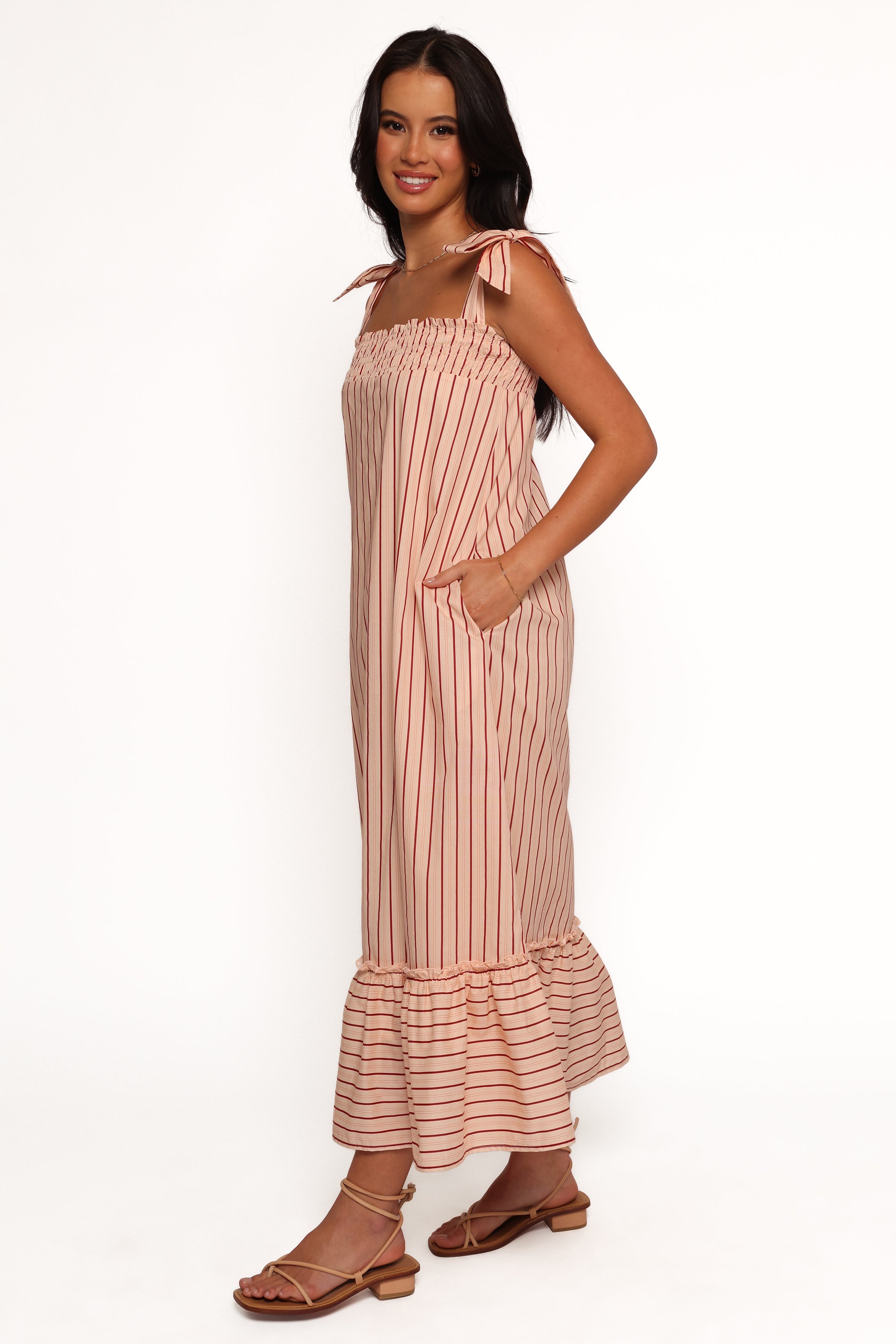 Irina Pink Stripe Cotton Maxi Dress with Pockets & Ruffle Hem