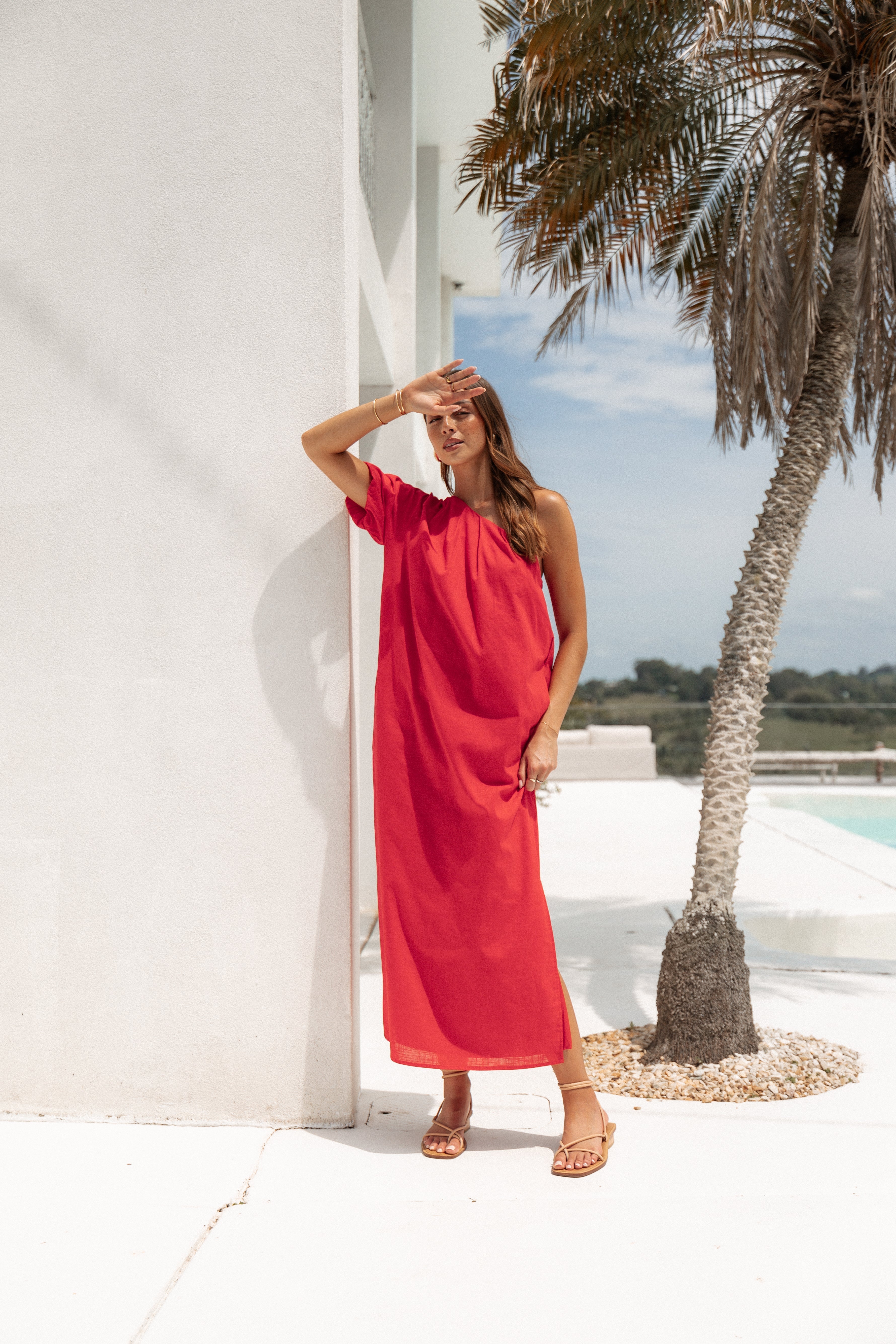 Red One Shoulder Midi Dress - Roma Cotton Elegant Party Wear