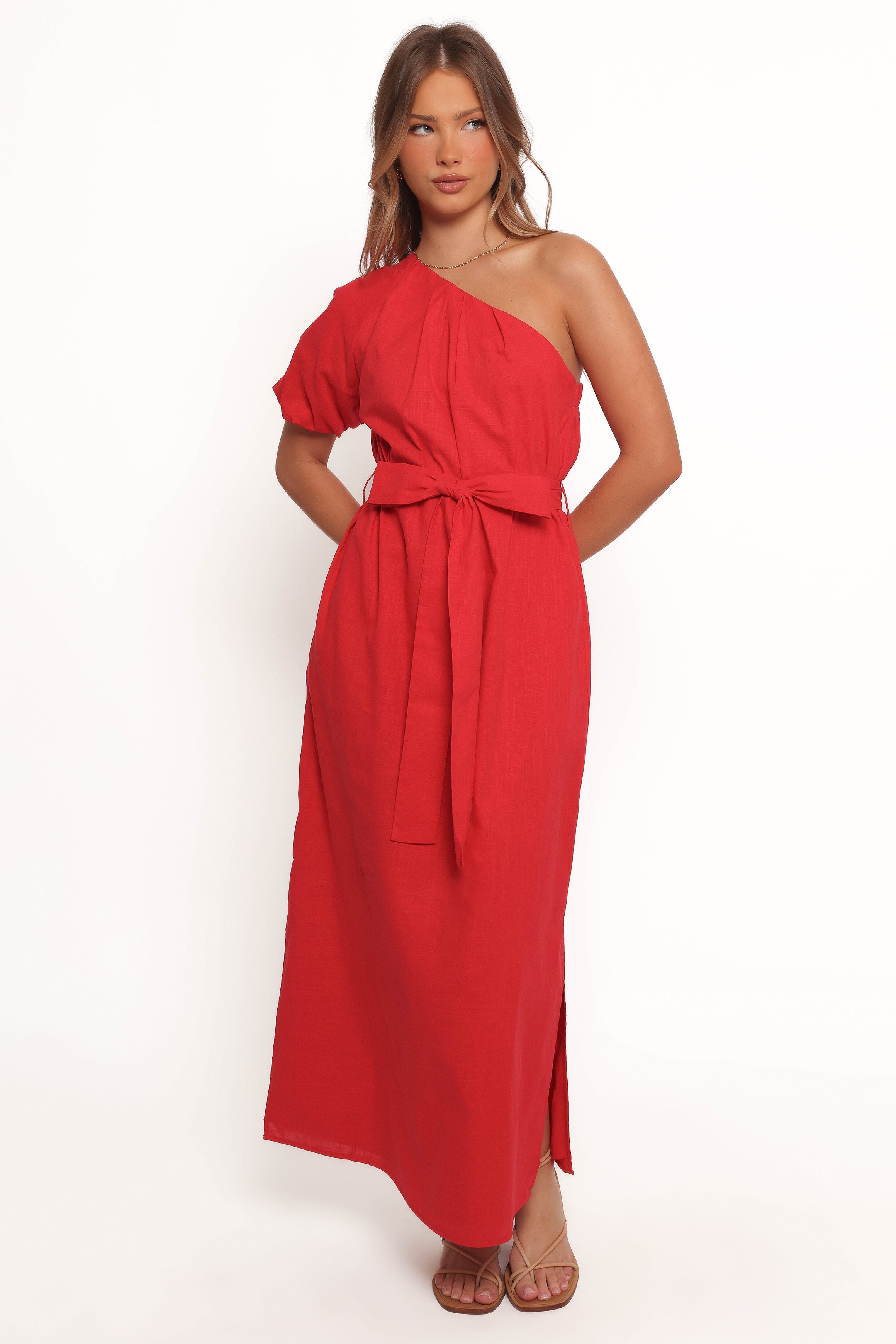 Red One Shoulder Midi Dress - Roma Cotton Elegant Party Wear