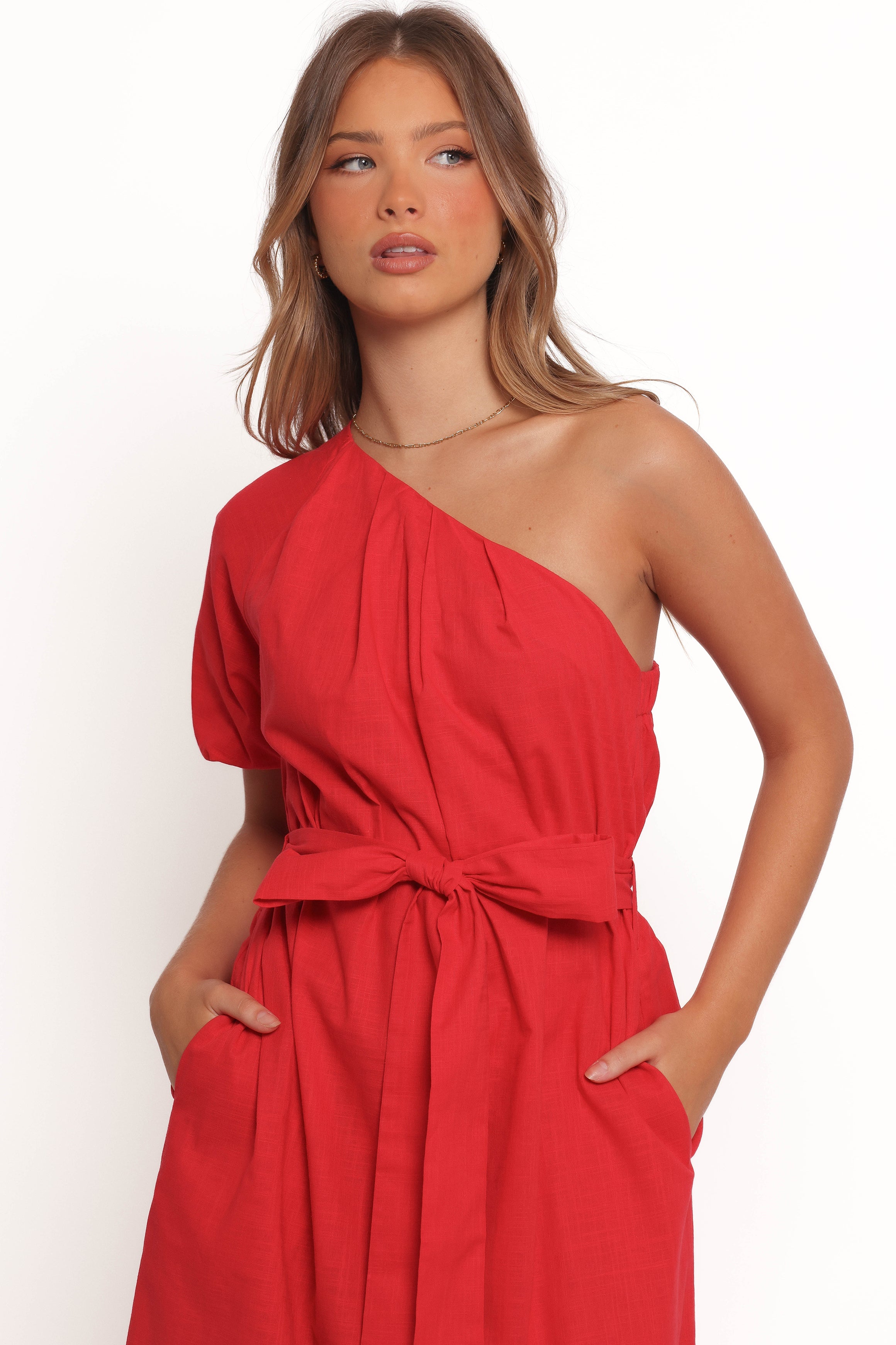 Red One Shoulder Midi Dress - Roma Cotton Elegant Party Wear