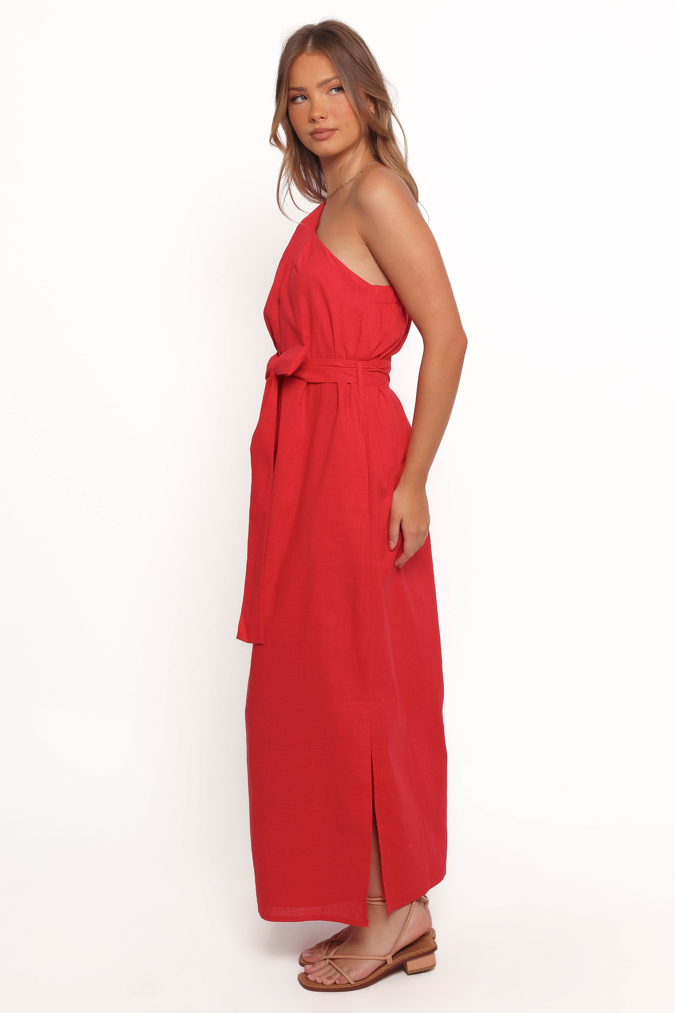 Red One Shoulder Midi Dress - Roma Cotton Elegant Party Wear