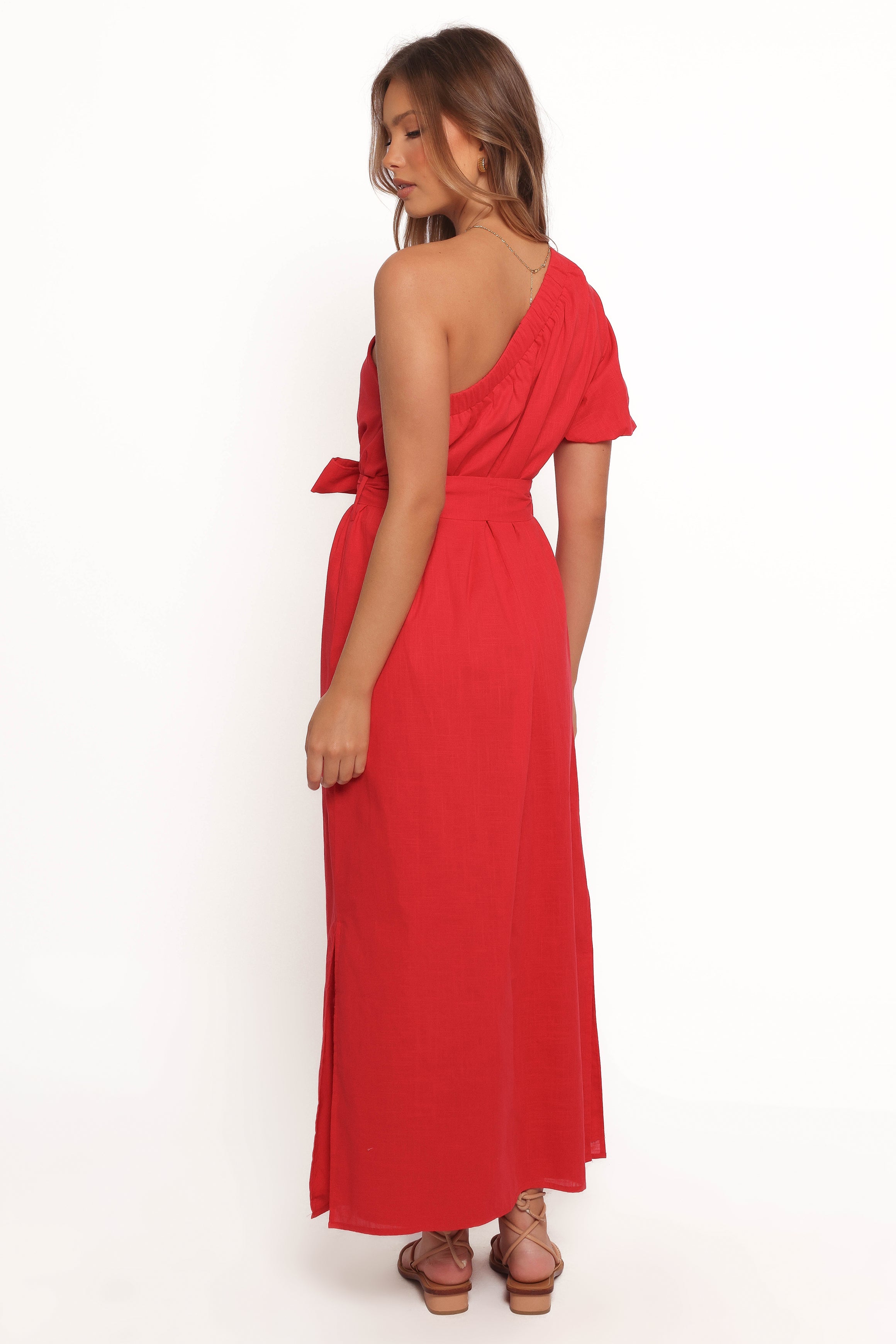 Red One Shoulder Midi Dress - Roma Cotton Elegant Party Wear