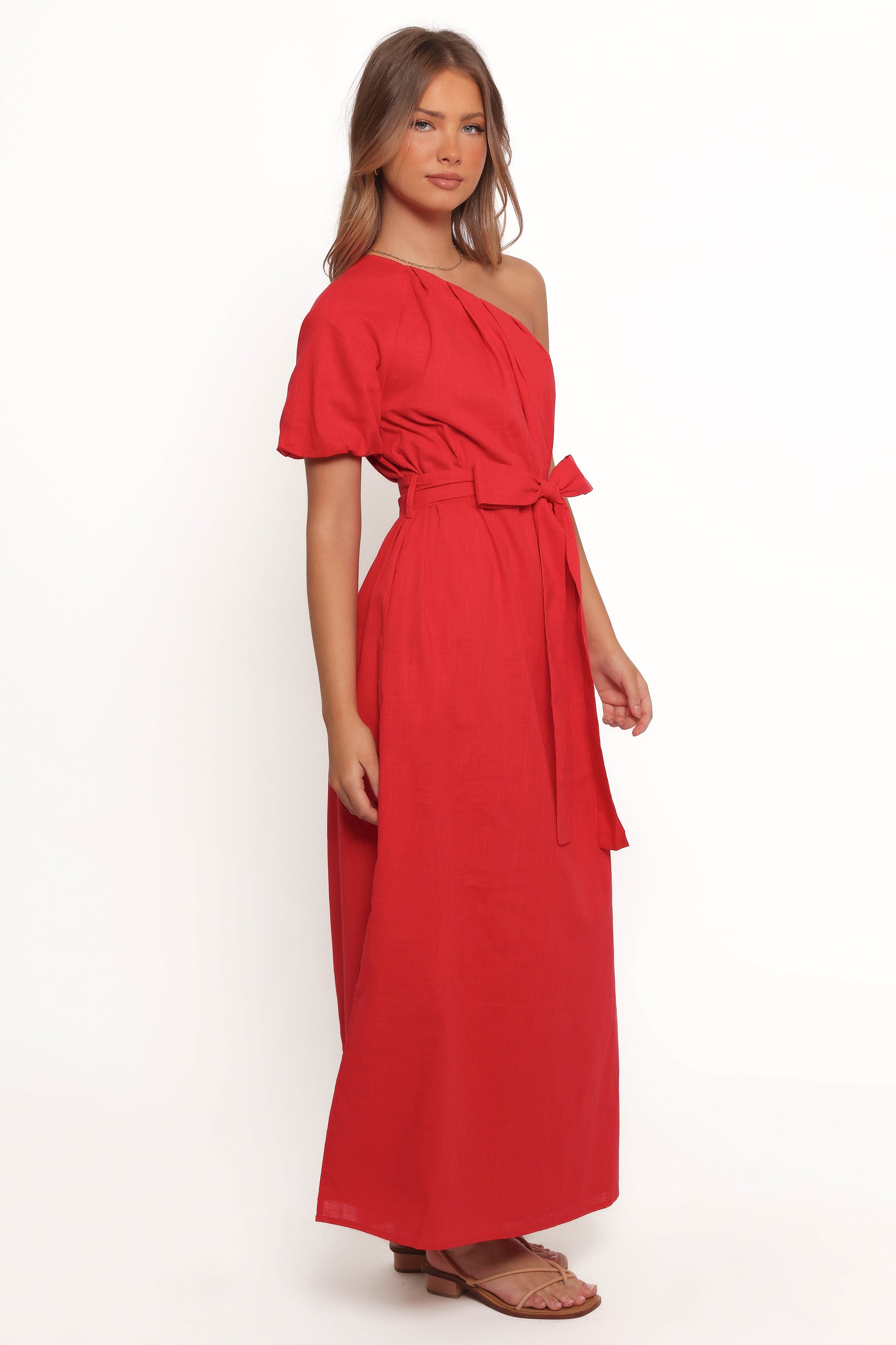 Red One Shoulder Midi Dress - Roma Cotton Elegant Party Wear