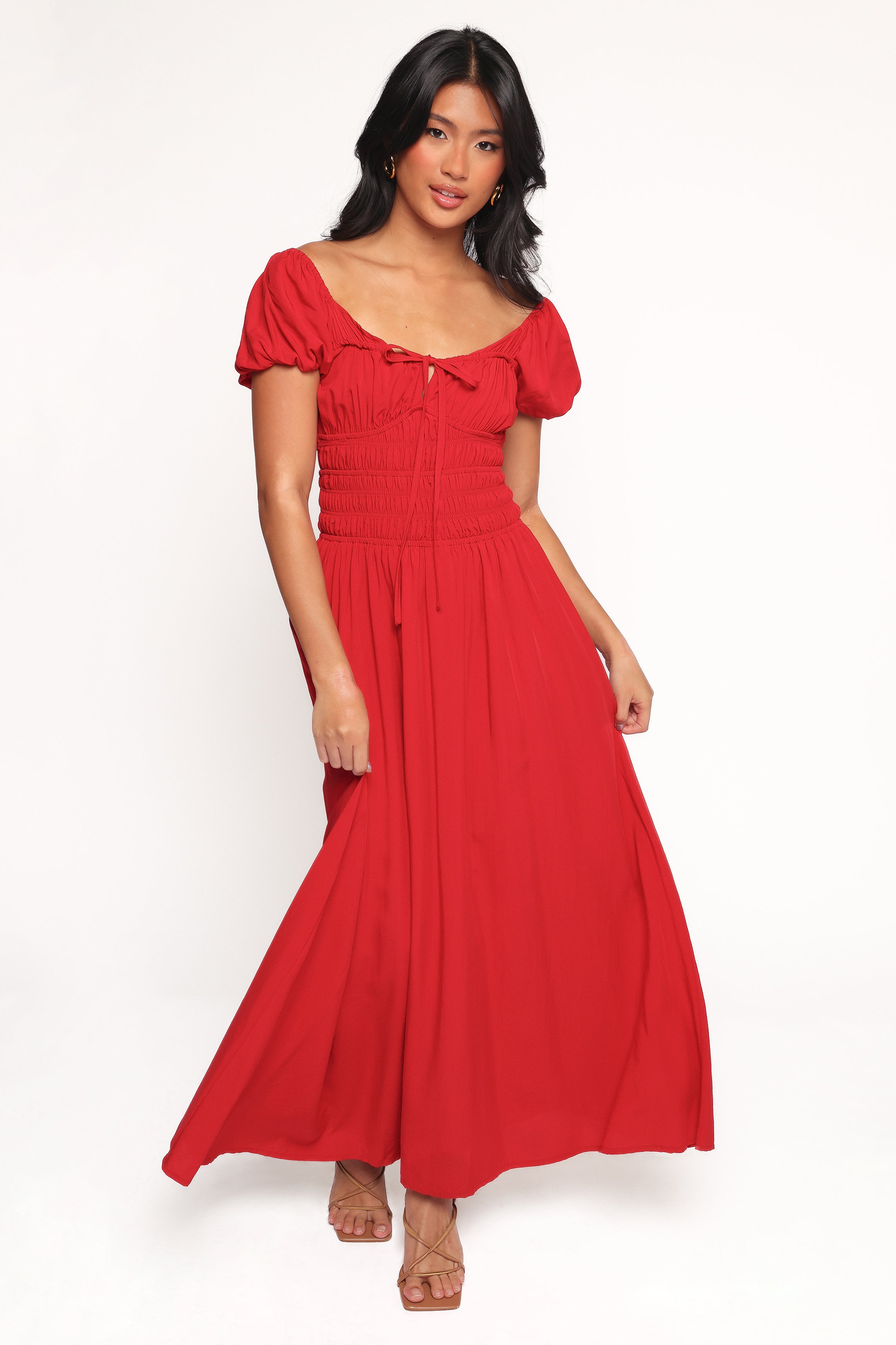Theodora Red V-Neck Maxi Dress with Elastic Waist