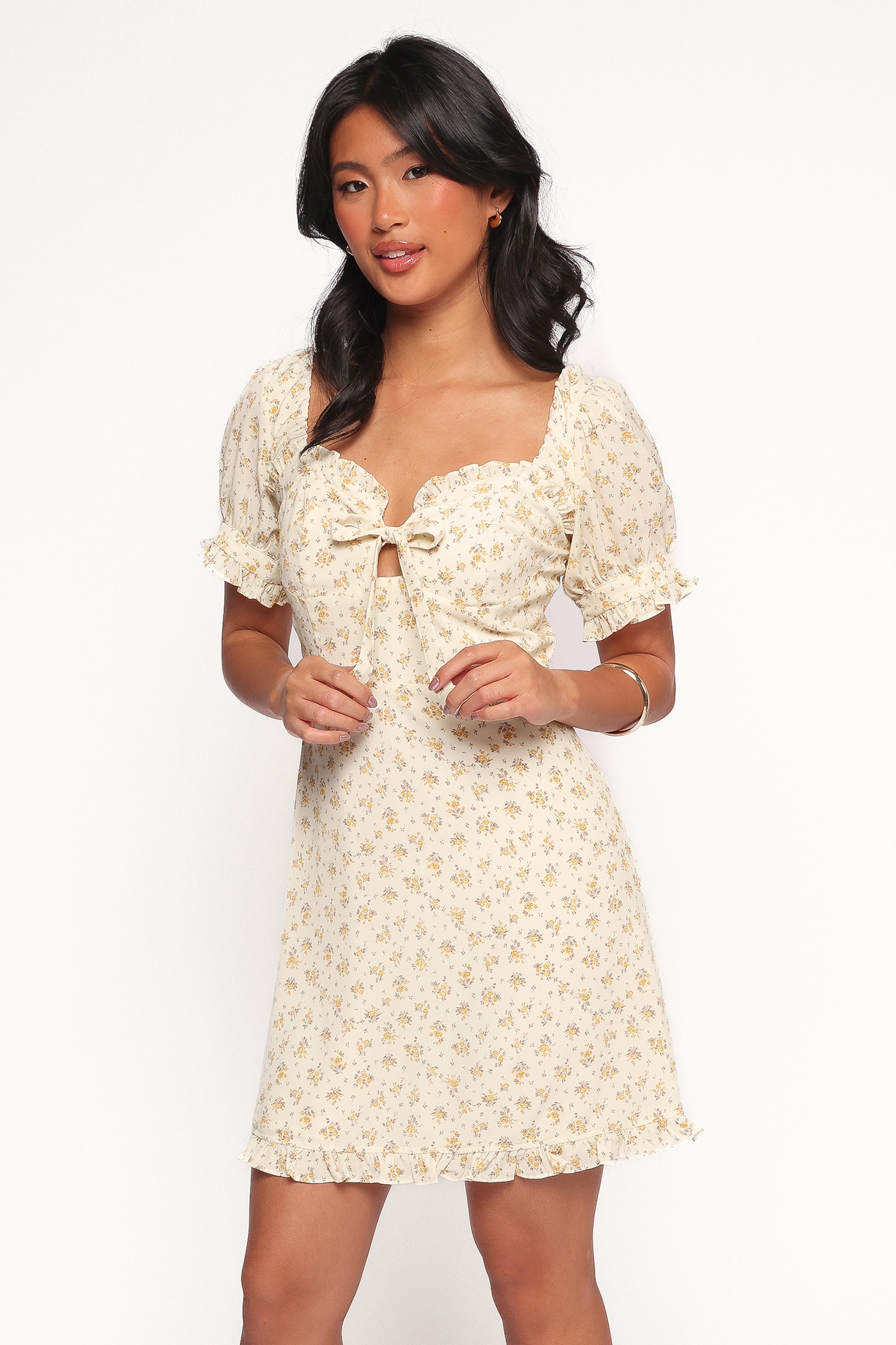 Floral Print Joss Mini Dress with Sweetheart Neckline - Cream Yellow