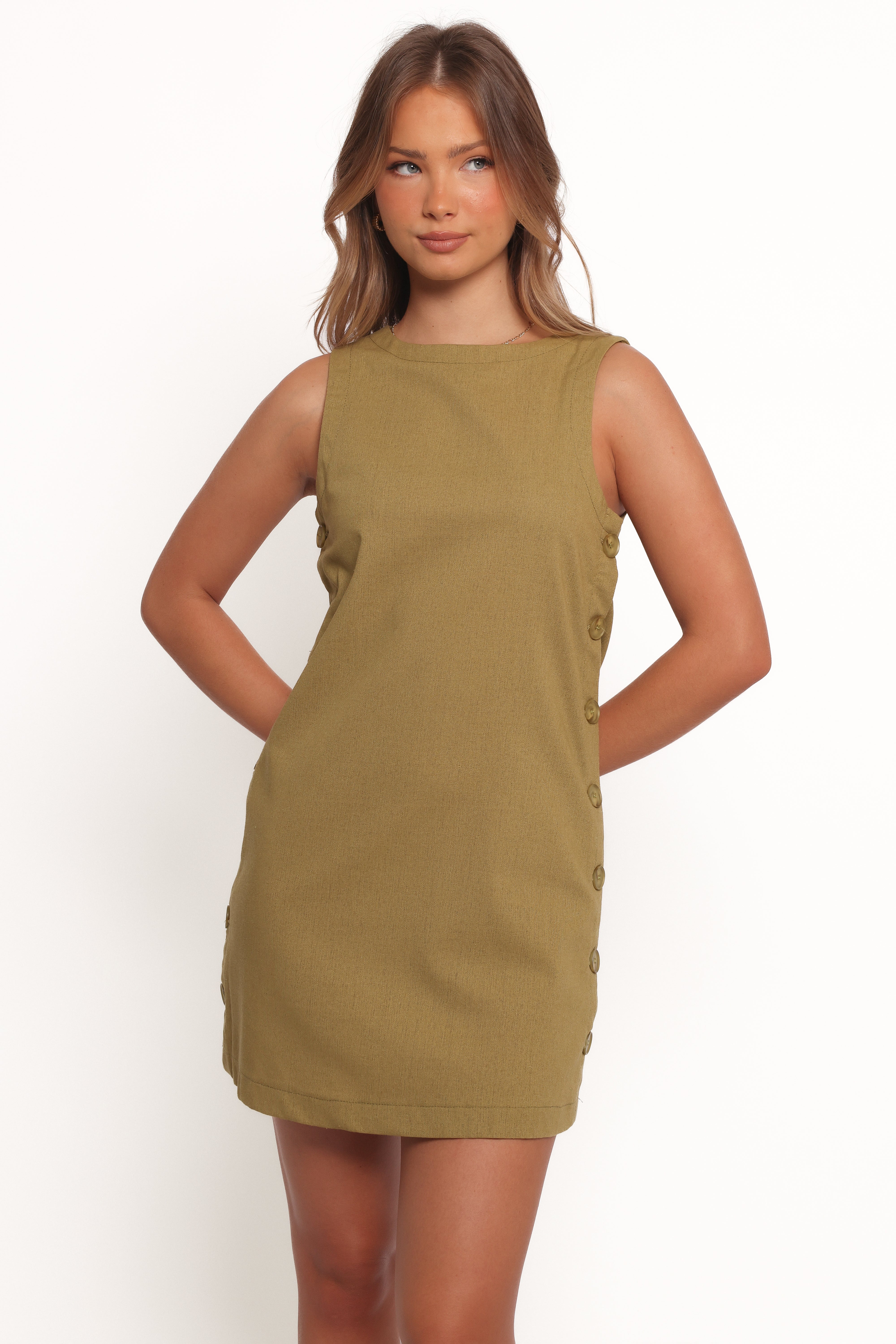 Green Mini Dress with Button Details - Penelope Sleeveless Dress