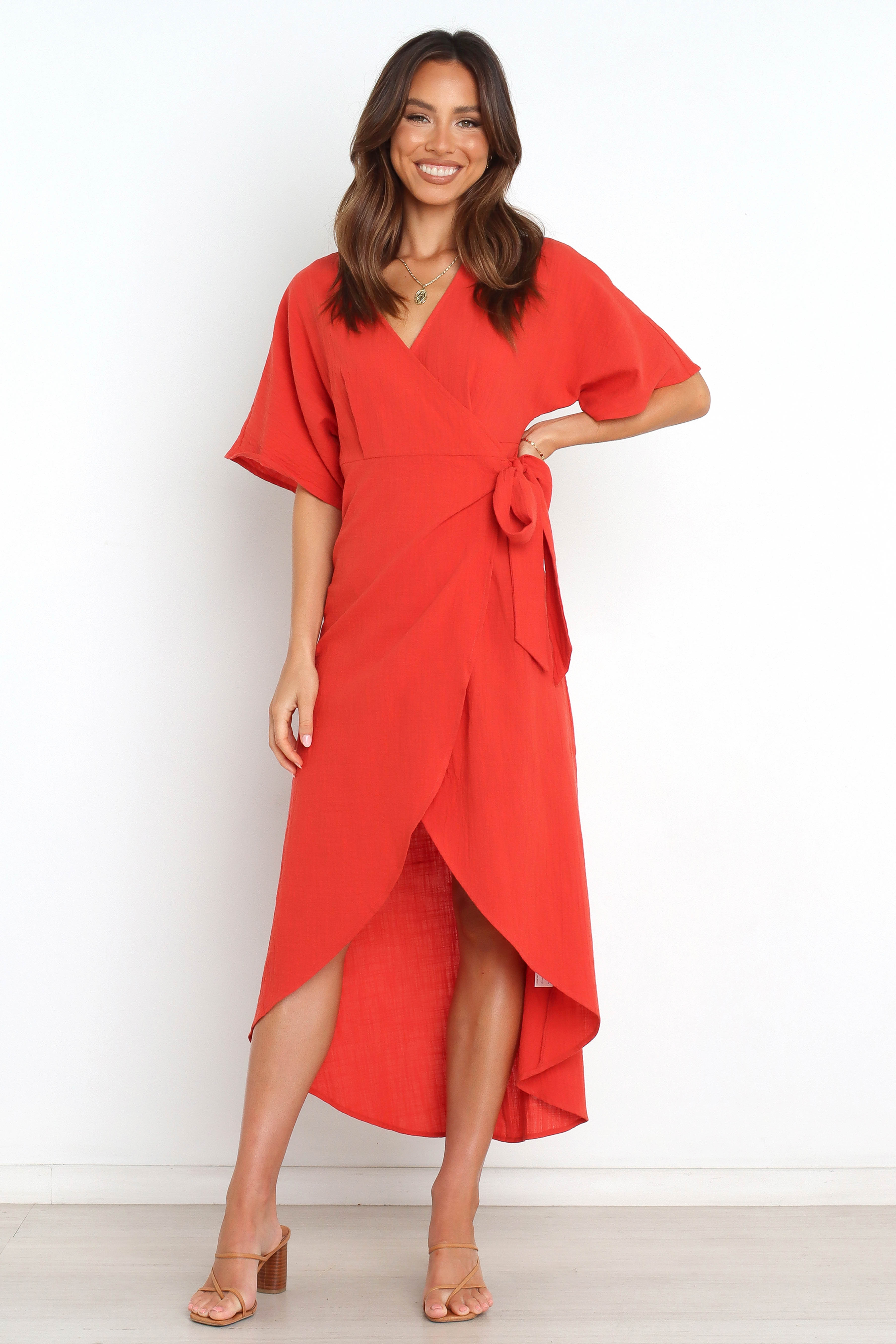 Women's Spice Wrap Dress with V-Neck & Waist Tie - Cotton Midi Dress