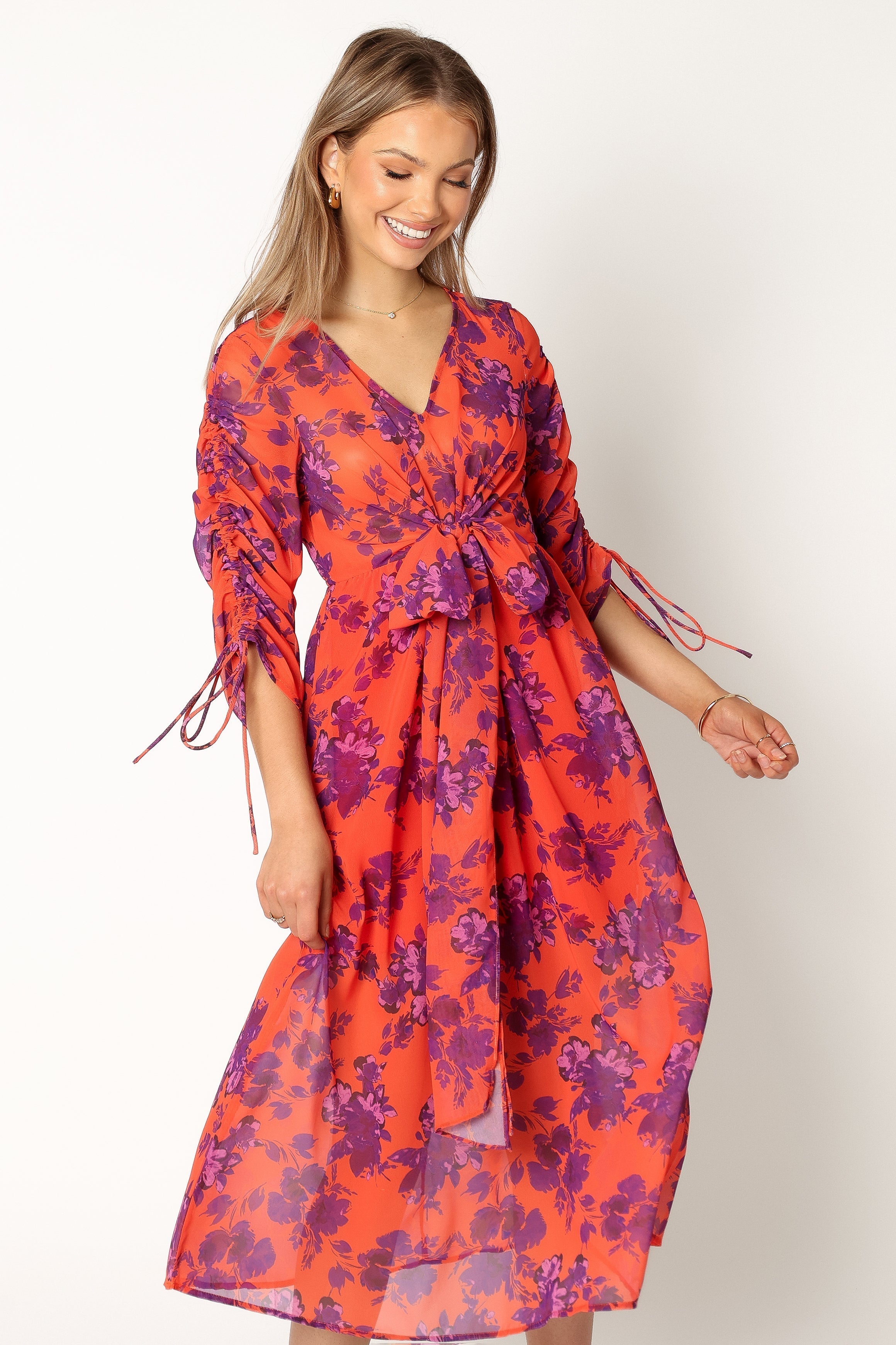 Floral Midi Dress with V Neckline & Long Sleeves - Red Wine
