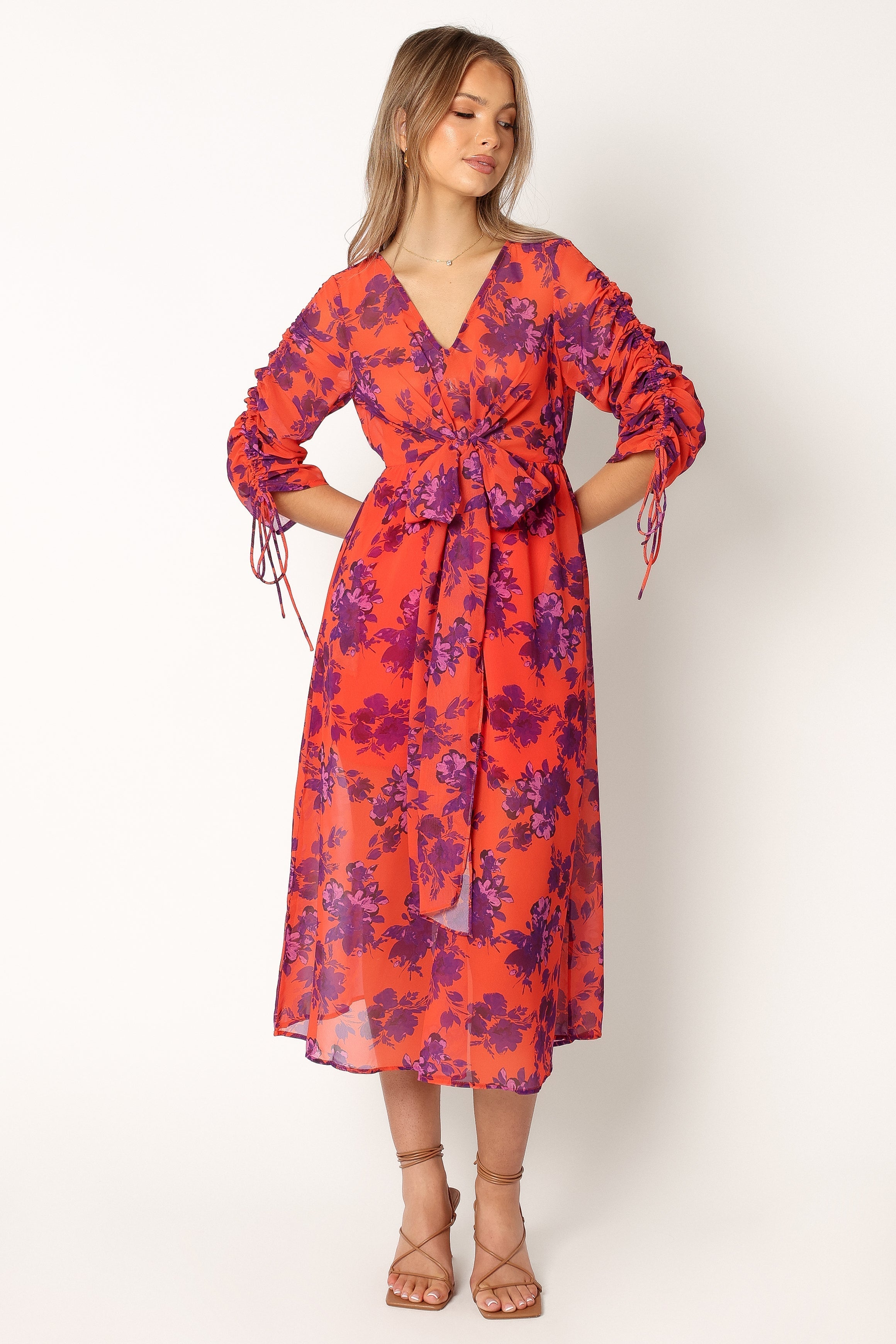Floral Midi Dress with V Neckline & Long Sleeves - Red Wine