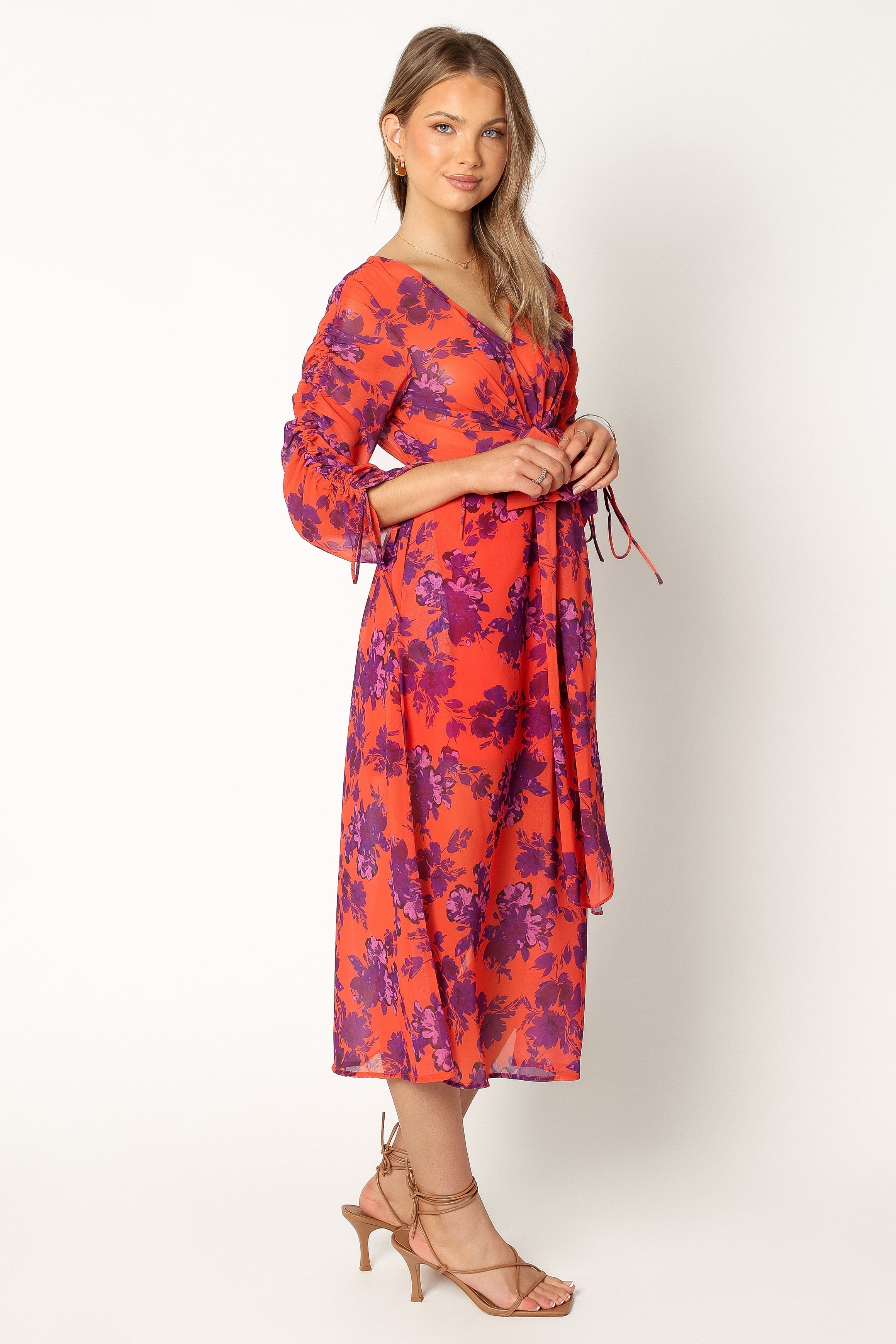 Floral Midi Dress with V Neckline & Long Sleeves - Red Wine
