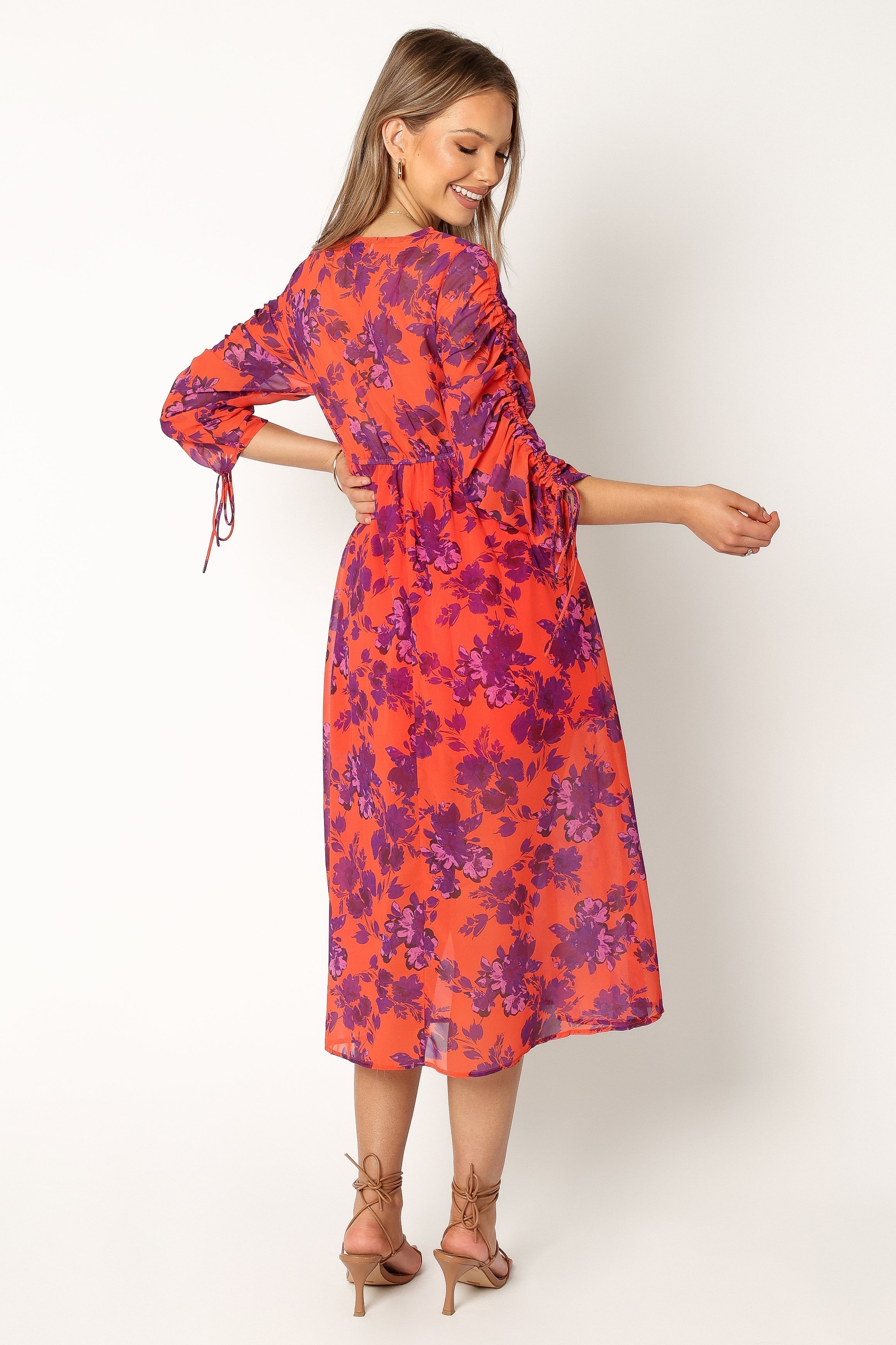 Floral Midi Dress with V Neckline & Long Sleeves - Red Wine