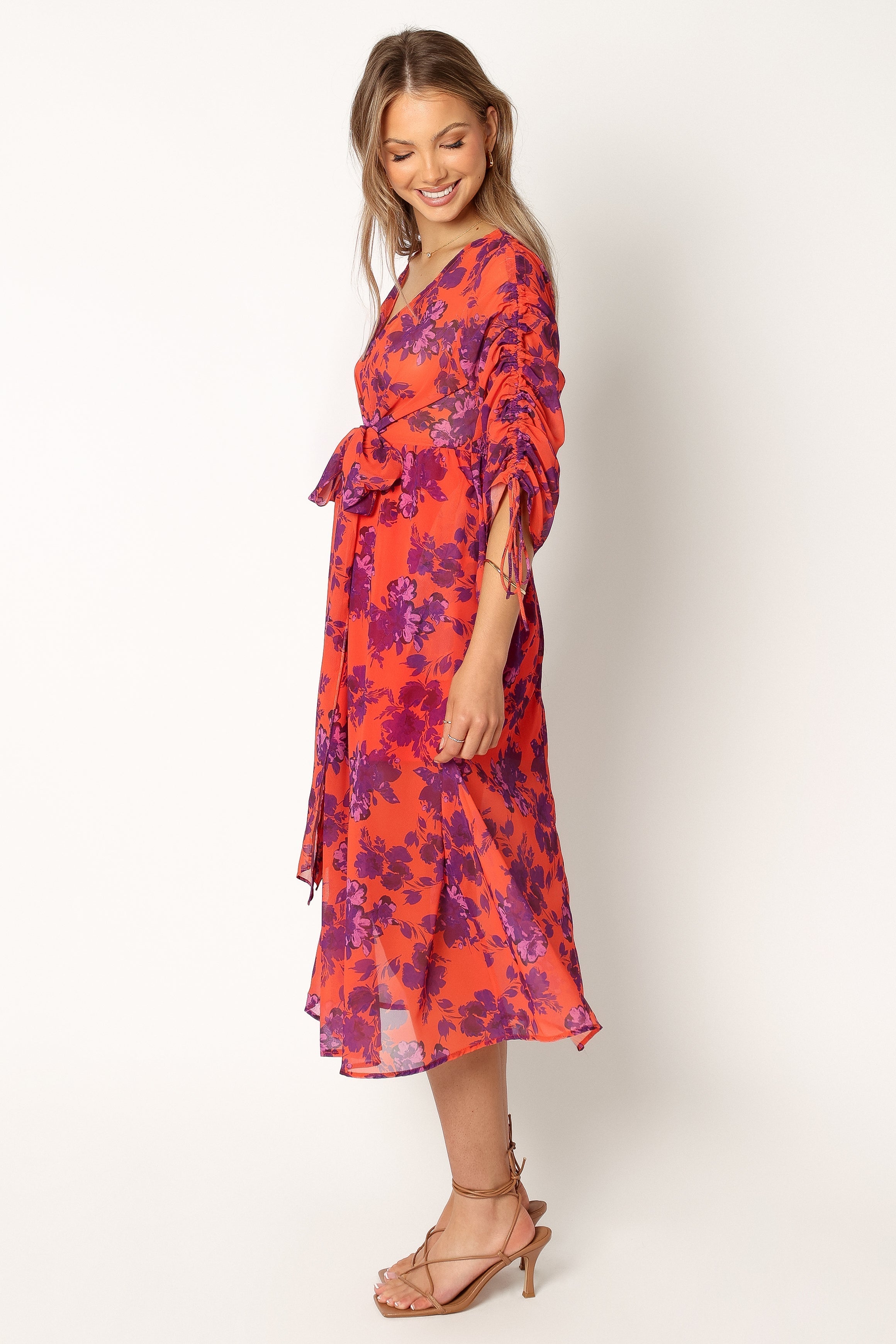 Floral Midi Dress with V Neckline & Long Sleeves - Red Wine