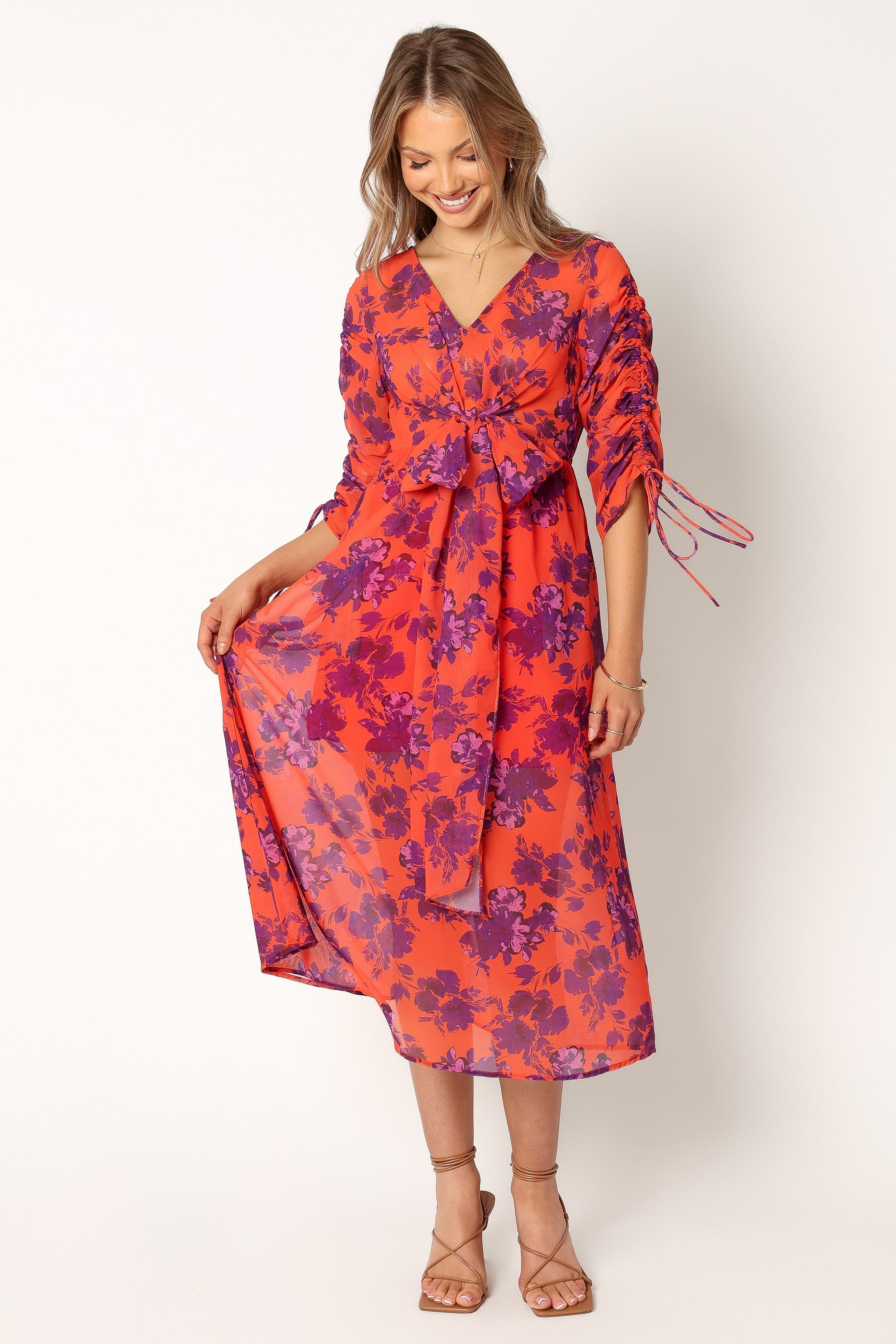 Floral Midi Dress with V Neckline & Long Sleeves - Red Wine