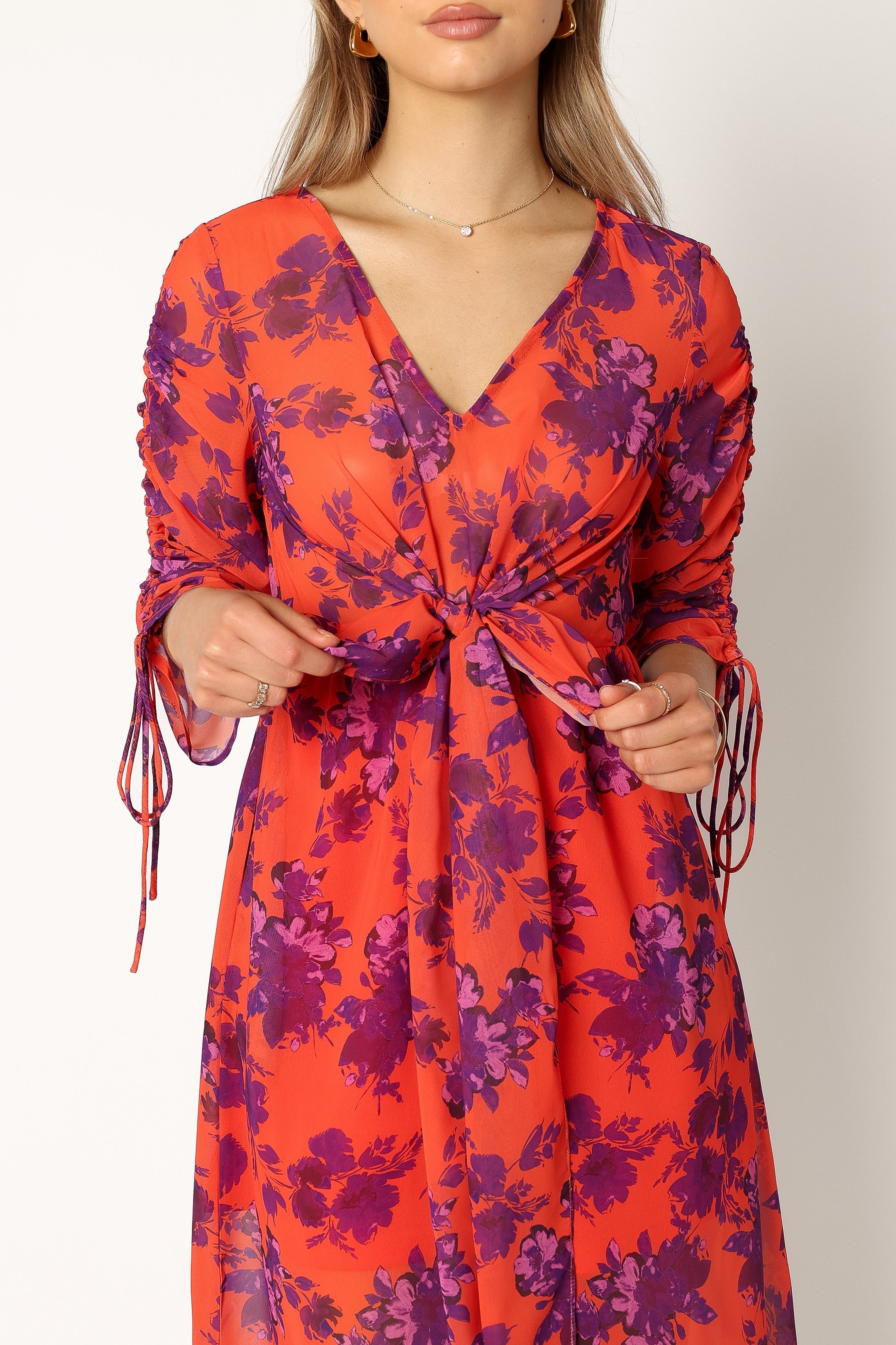 Floral Midi Dress with V Neckline & Long Sleeves - Red Wine