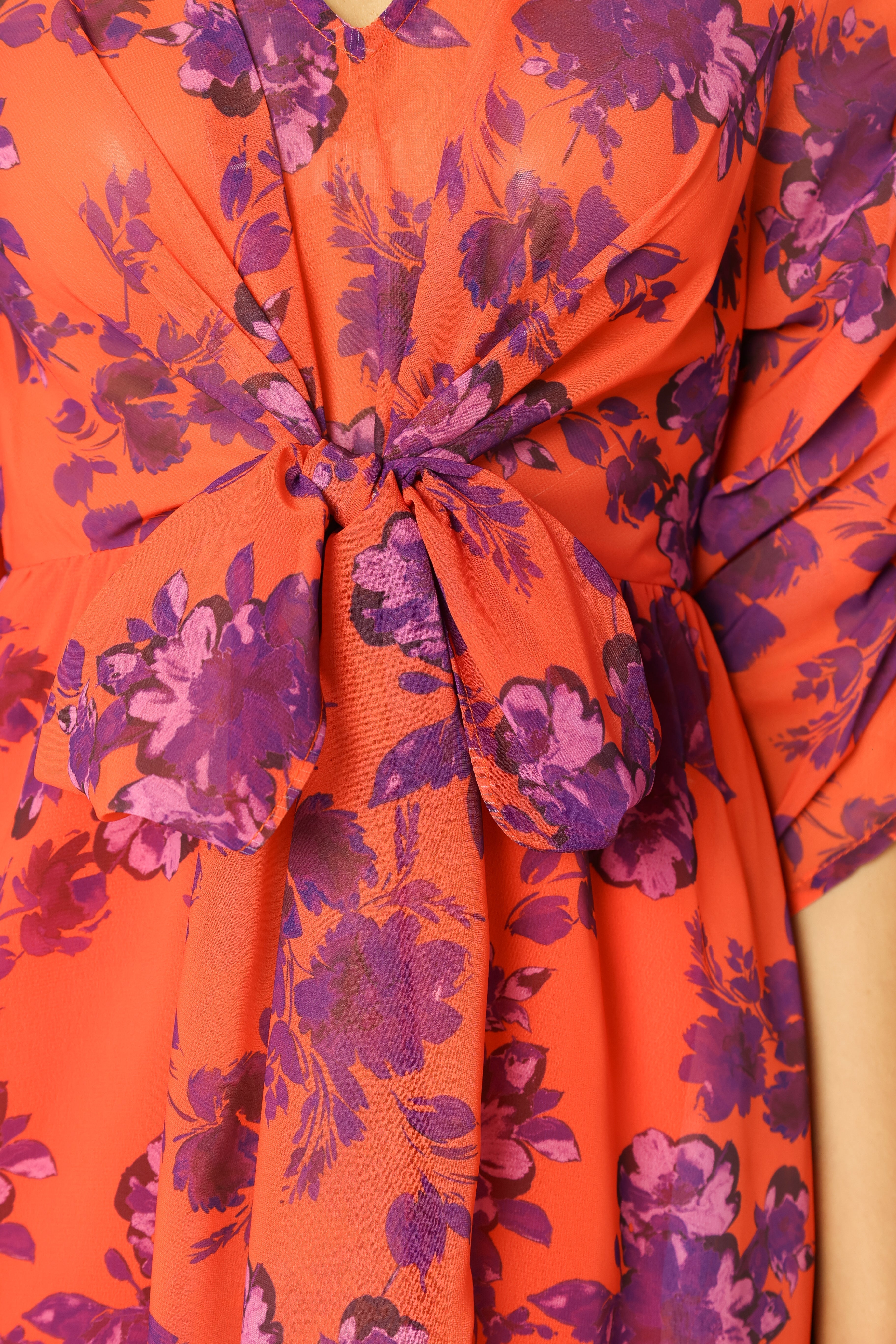 Floral Midi Dress with V Neckline & Long Sleeves - Red Wine