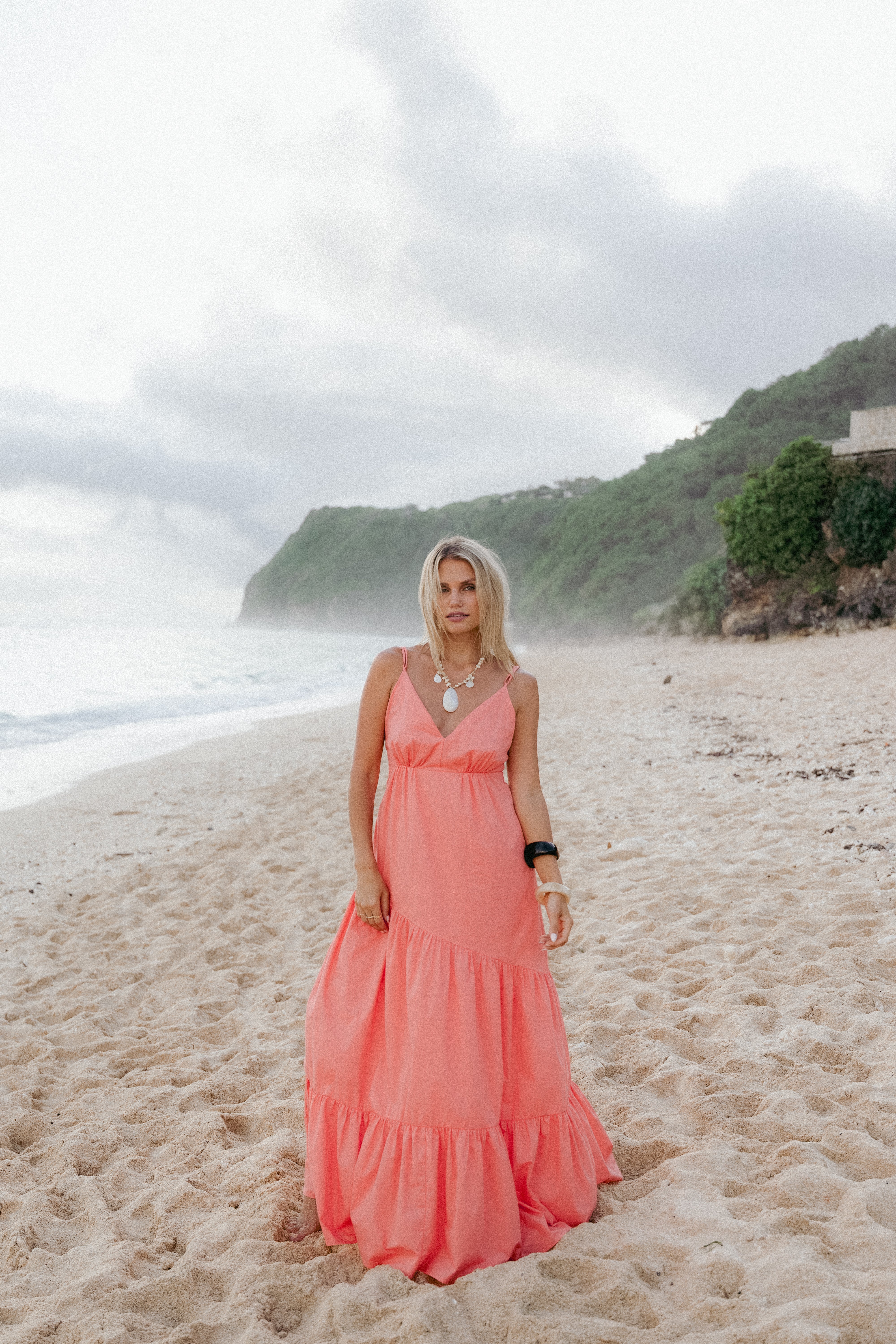 Forbes Coral Cotton Maxi Dress with Pockets & Adjustable Straps