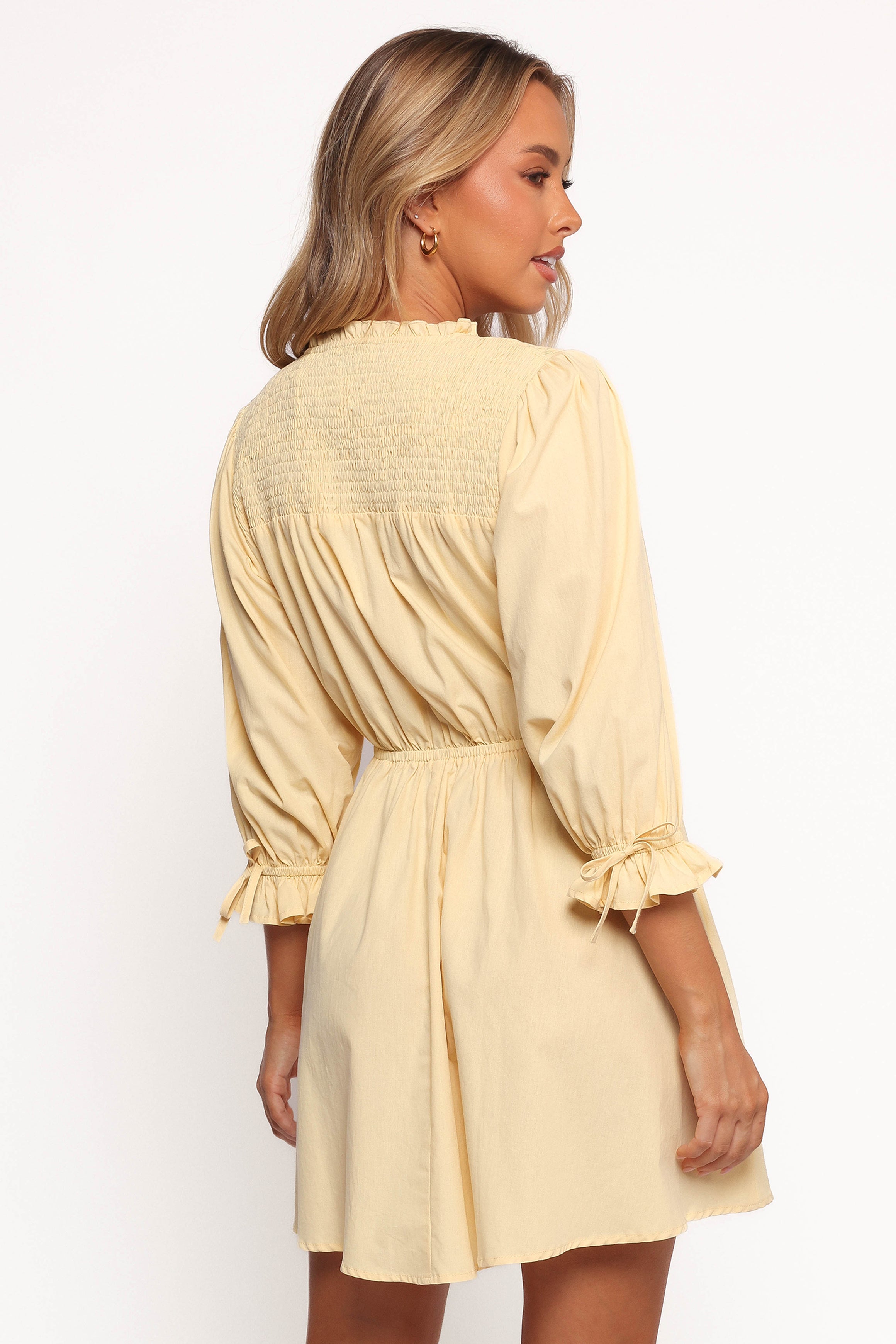 Yellow Cotton Russell Mini Dress with Ruffles & Tie Neck