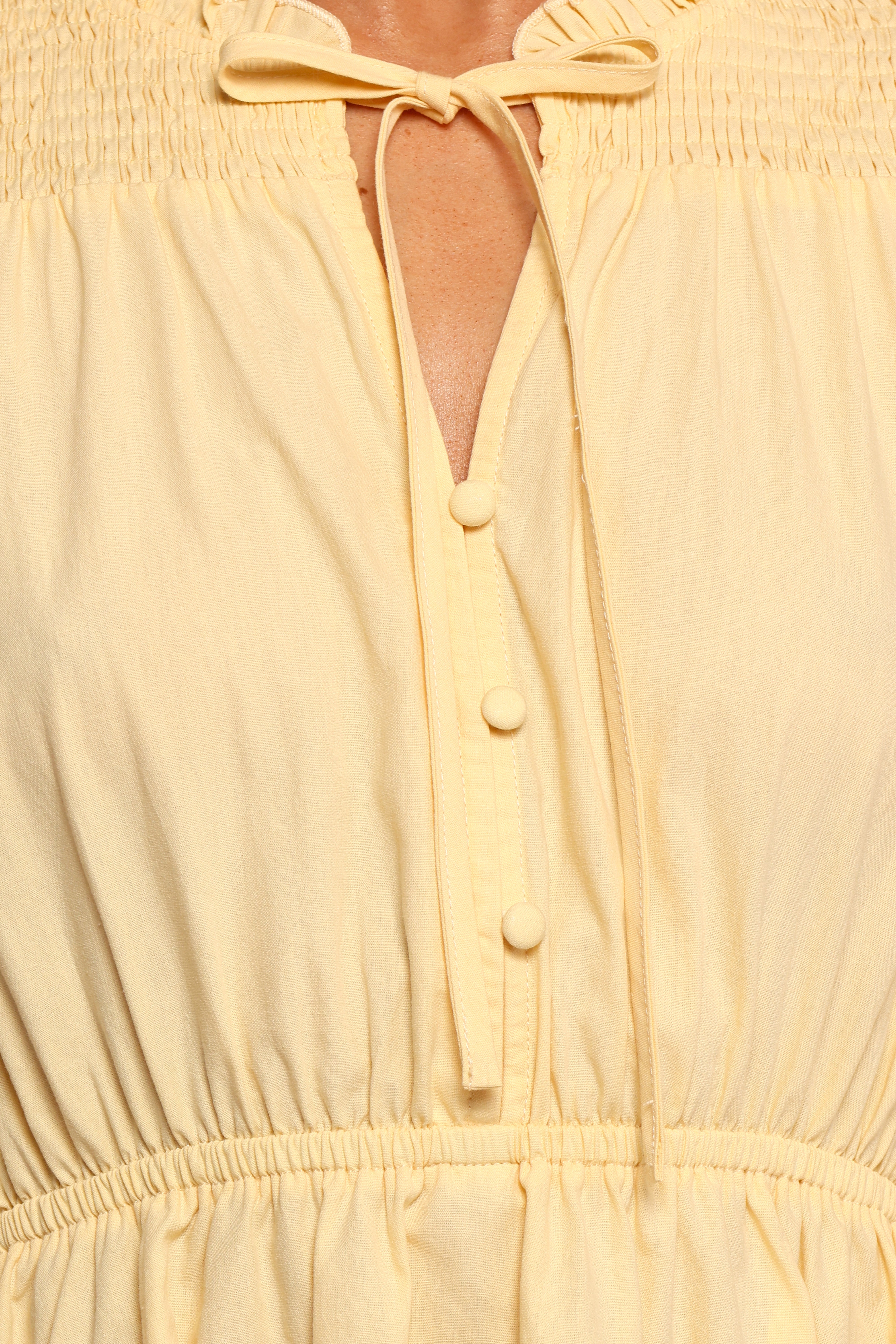 Yellow Cotton Russell Mini Dress with Ruffles & Tie Neck