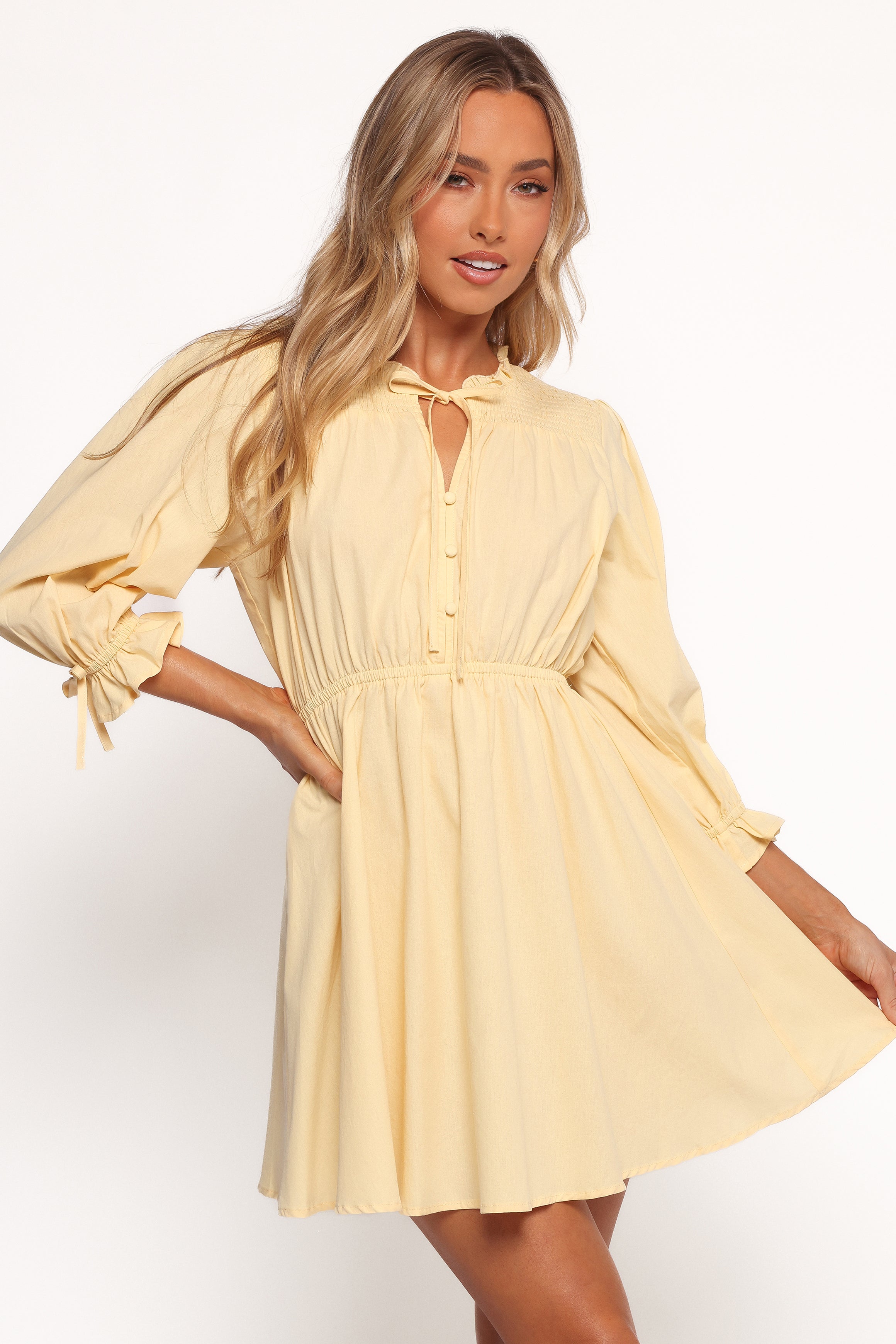 Yellow Cotton Russell Mini Dress with Ruffles & Tie Neck