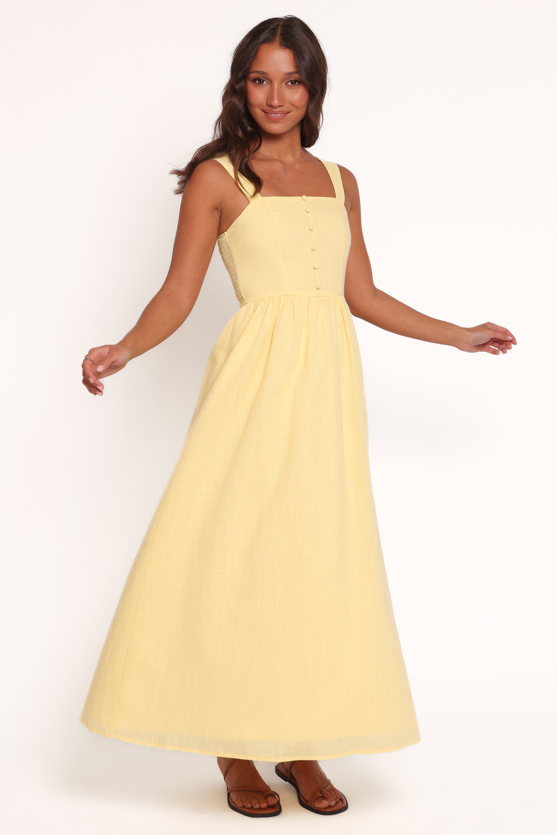Caty Yellow Maxi Dress with Square Neckline & Shirred Back