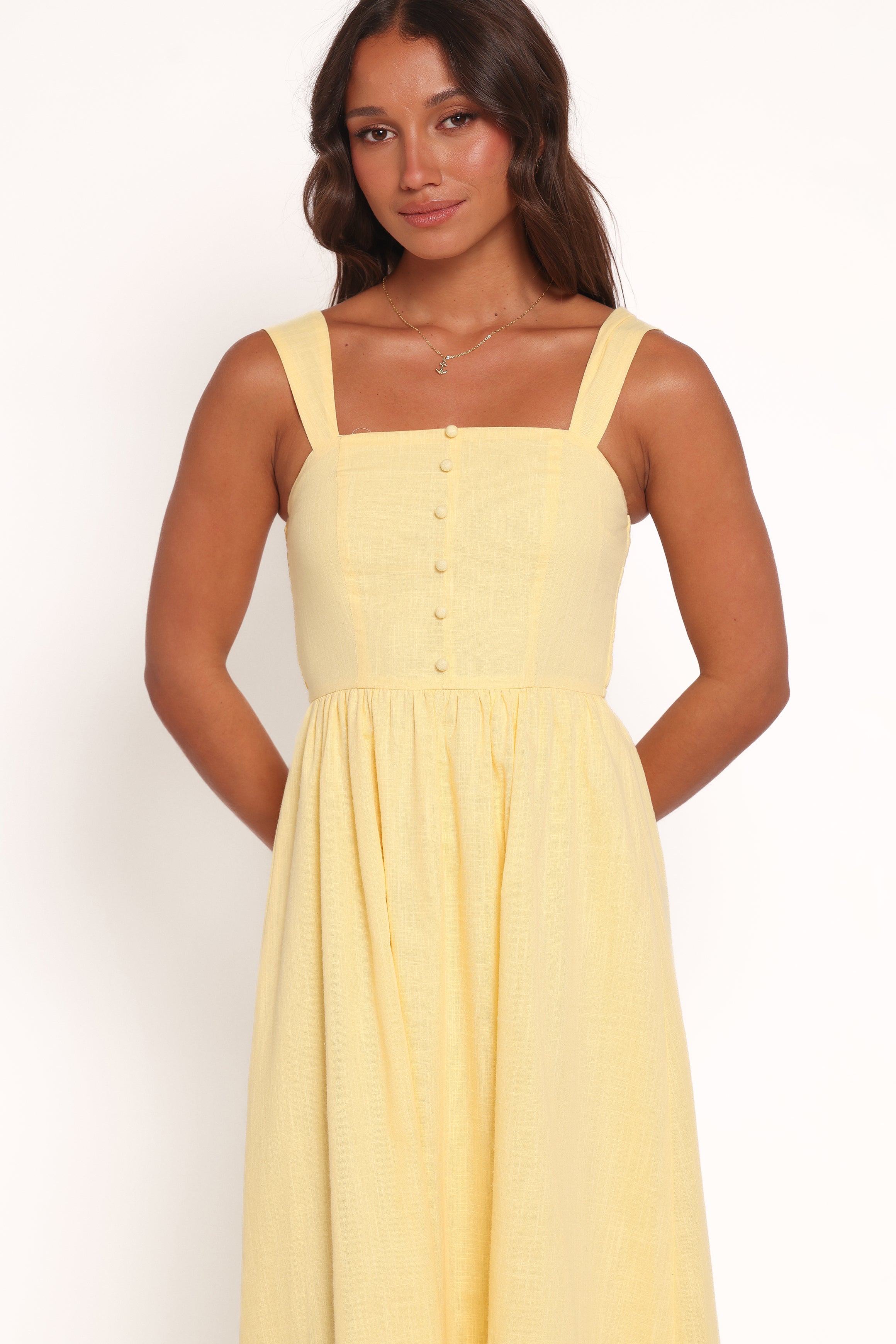 Caty Yellow Maxi Dress with Square Neckline & Shirred Back