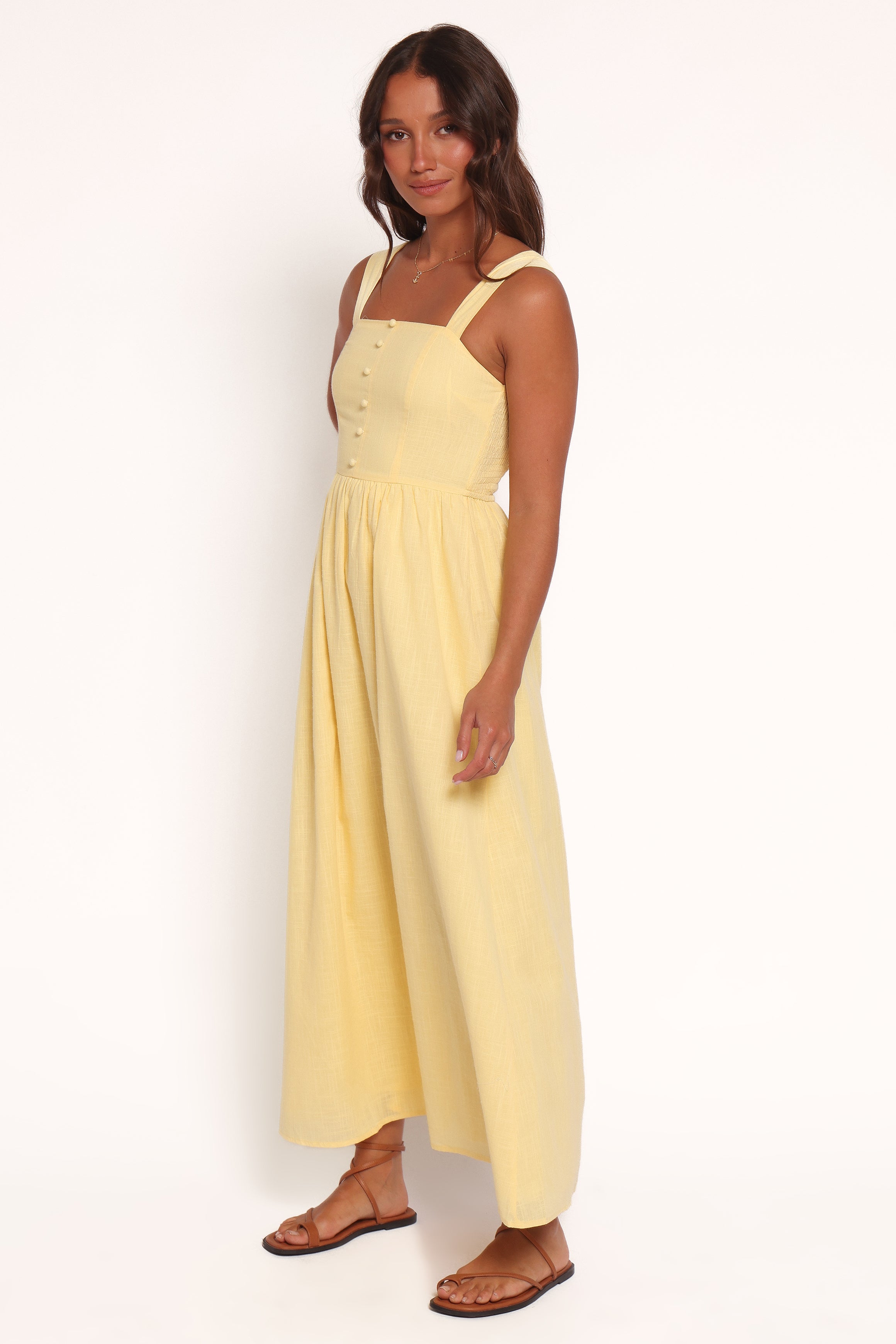 Caty Yellow Maxi Dress with Square Neckline & Shirred Back