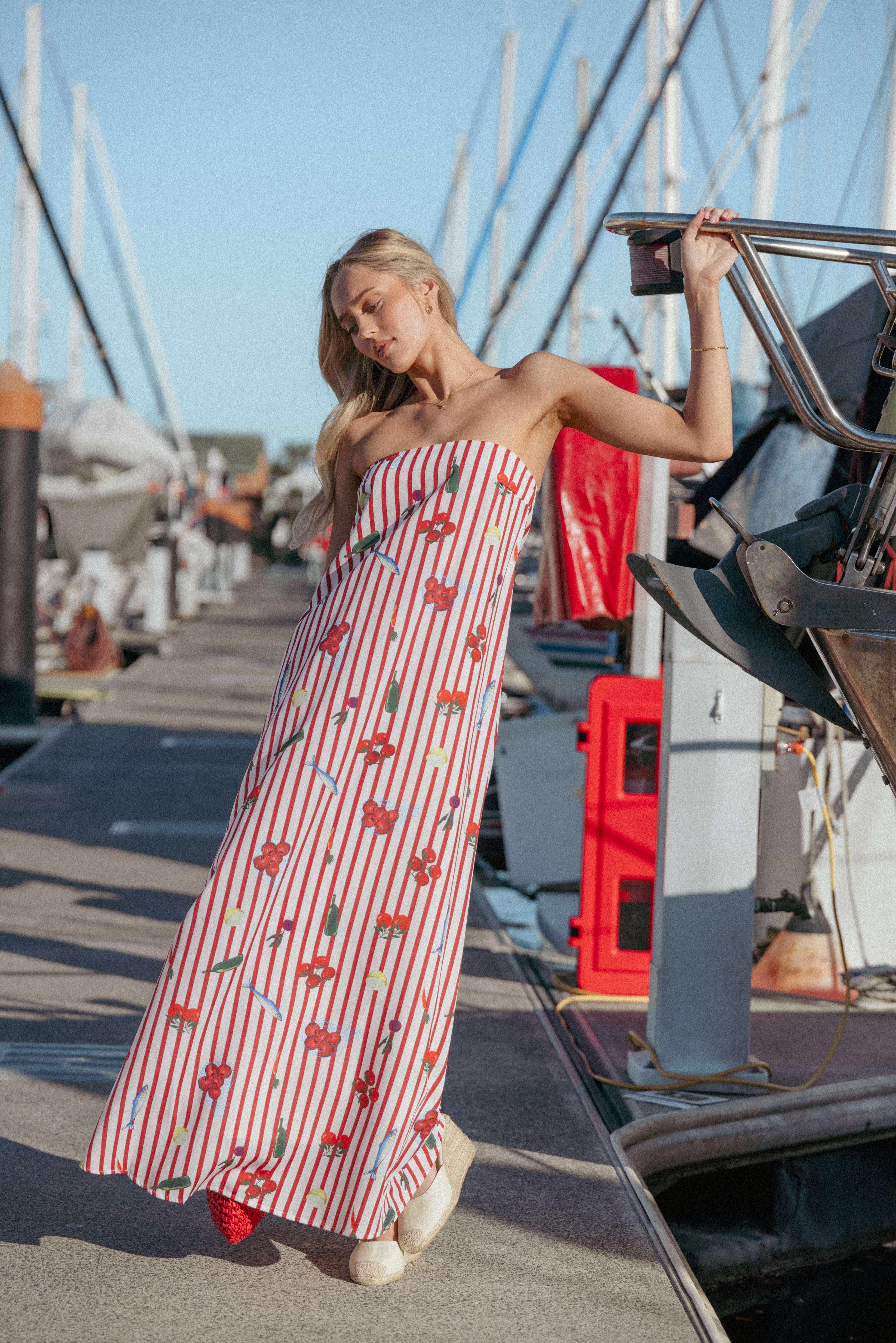 Red Strapless Maxi Dress - Cotton Lined Picnic Stripe