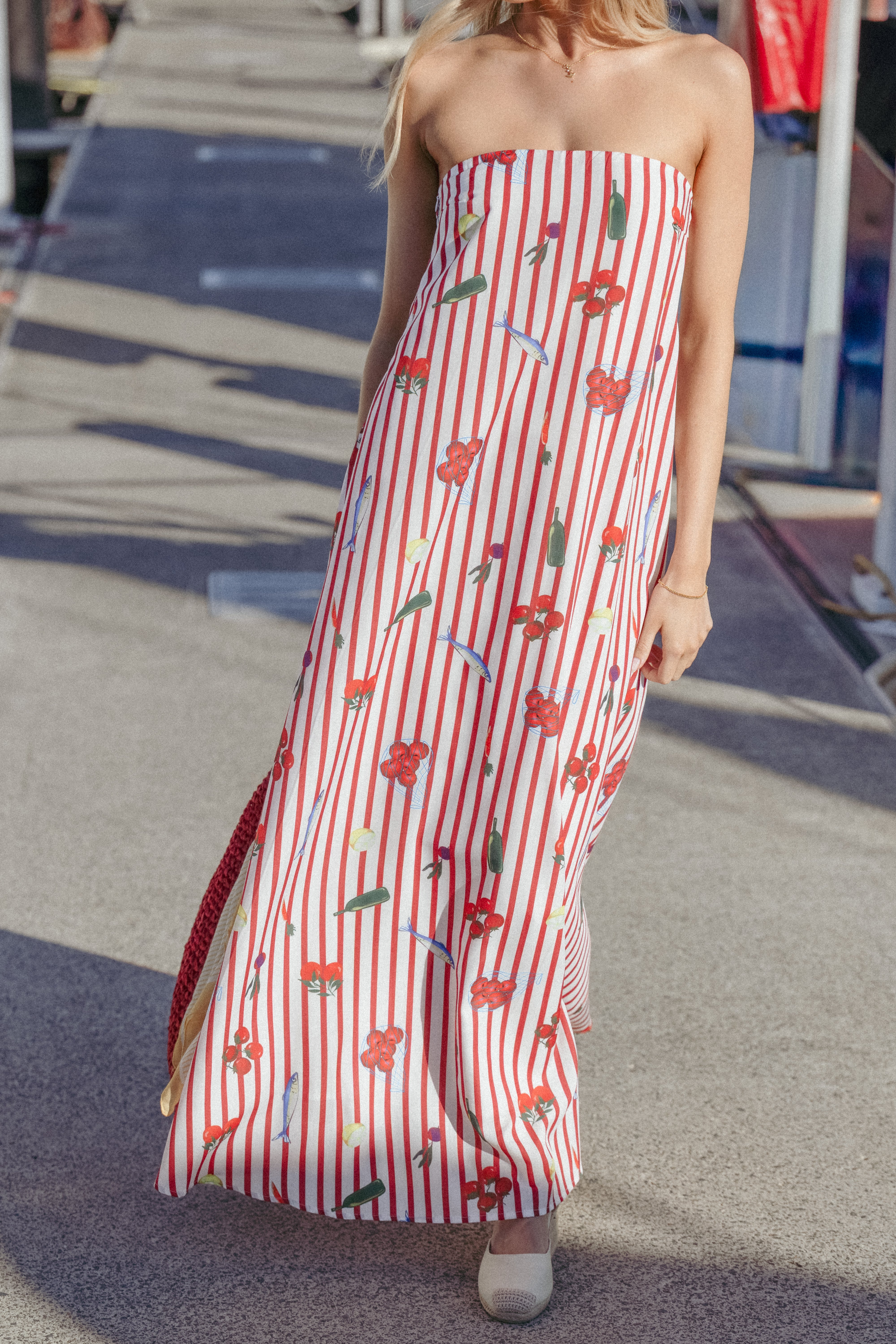 Red Strapless Maxi Dress - Cotton Lined Picnic Stripe