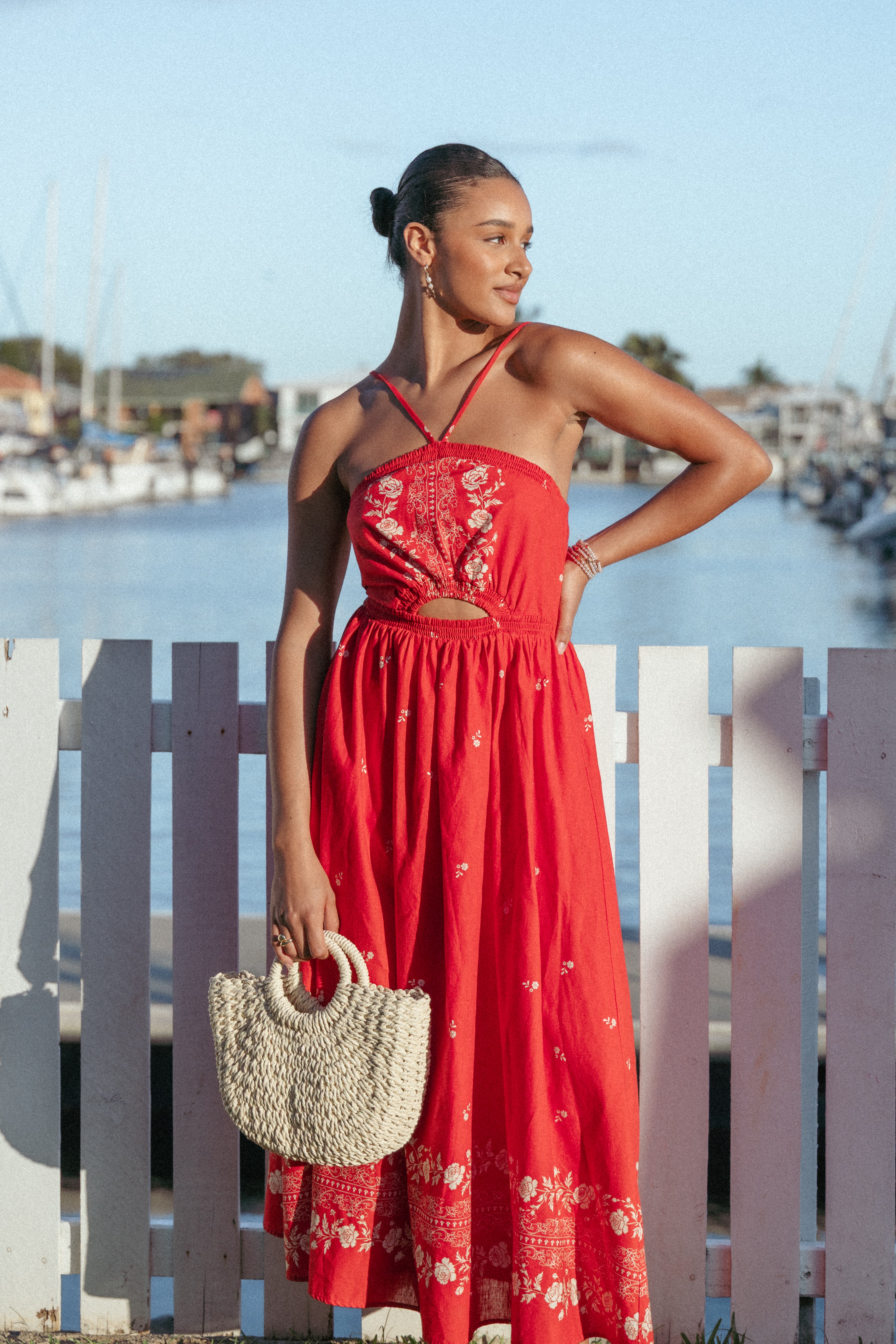 Red Floral Maxi Dress with Cut Out & Pockets – Madi Halterneck Dress